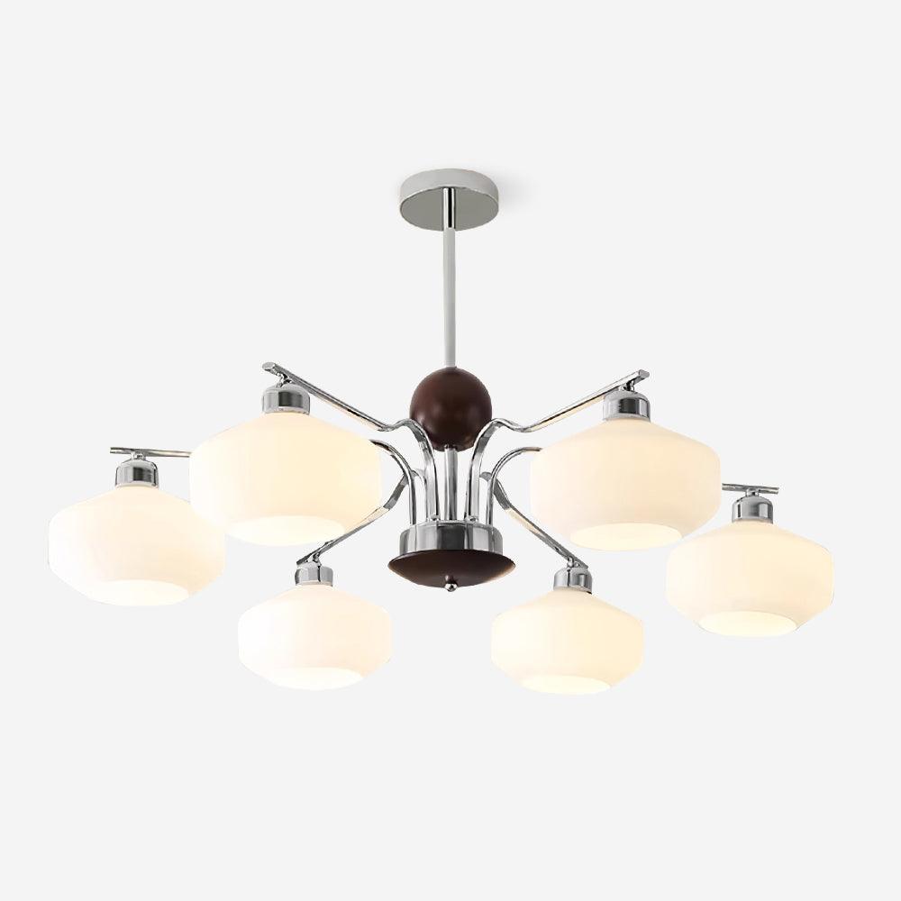 Chandelier White Glass Shades Chrome Walnut Arms Retro - Neutralighting