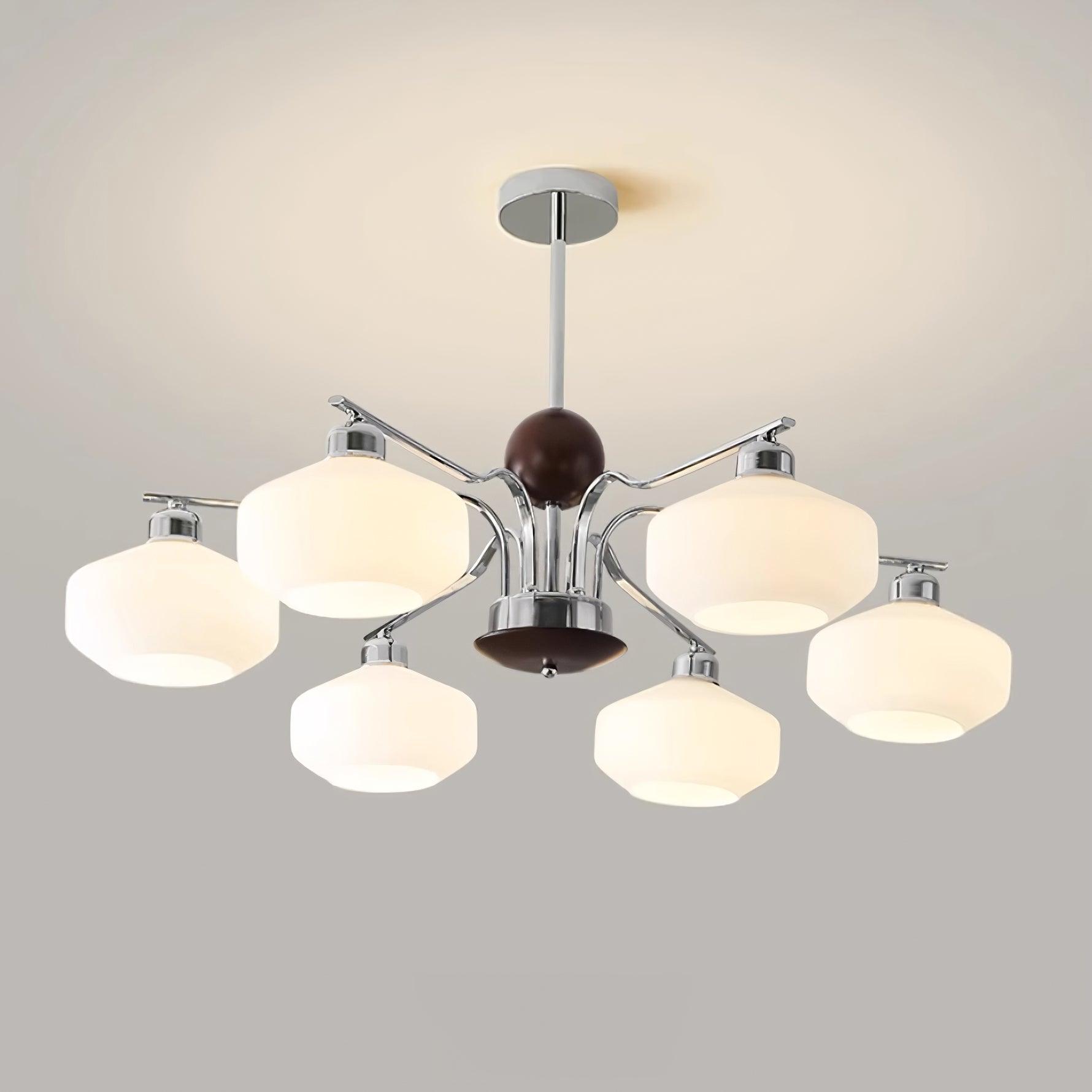 Chandelier White Glass Shades Chrome Walnut Arms Retro - Neutralighting