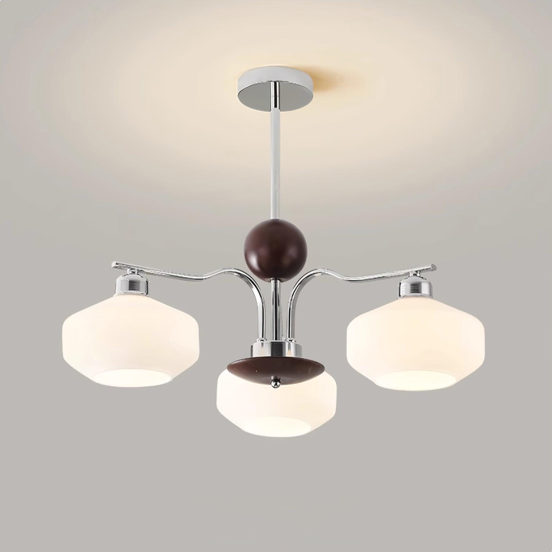 Chandelier White Glass Shades Chrome Walnut Arms Retro - Neutralighting