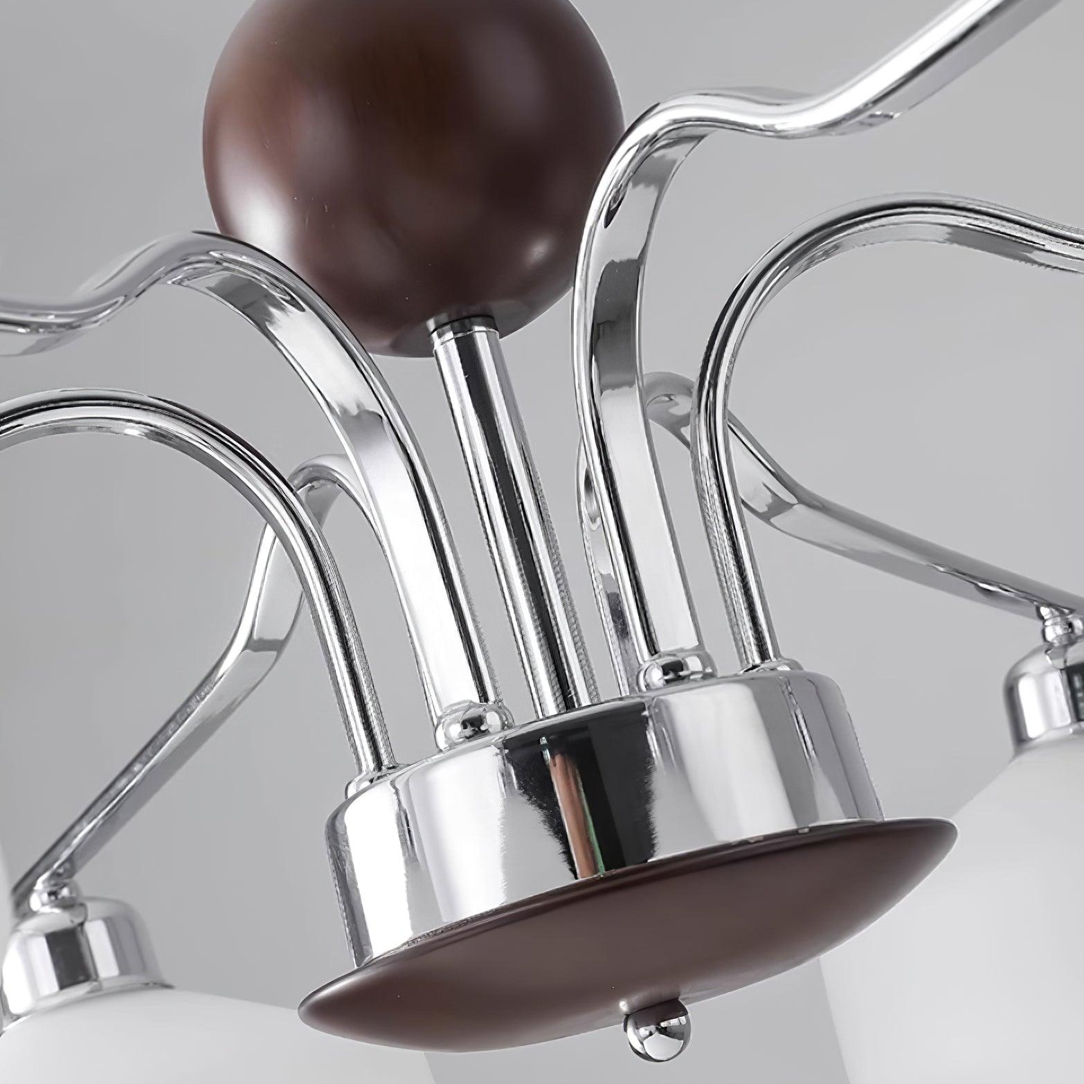Chandelier White Glass Shades Chrome Walnut Arms Retro - Neutralighting