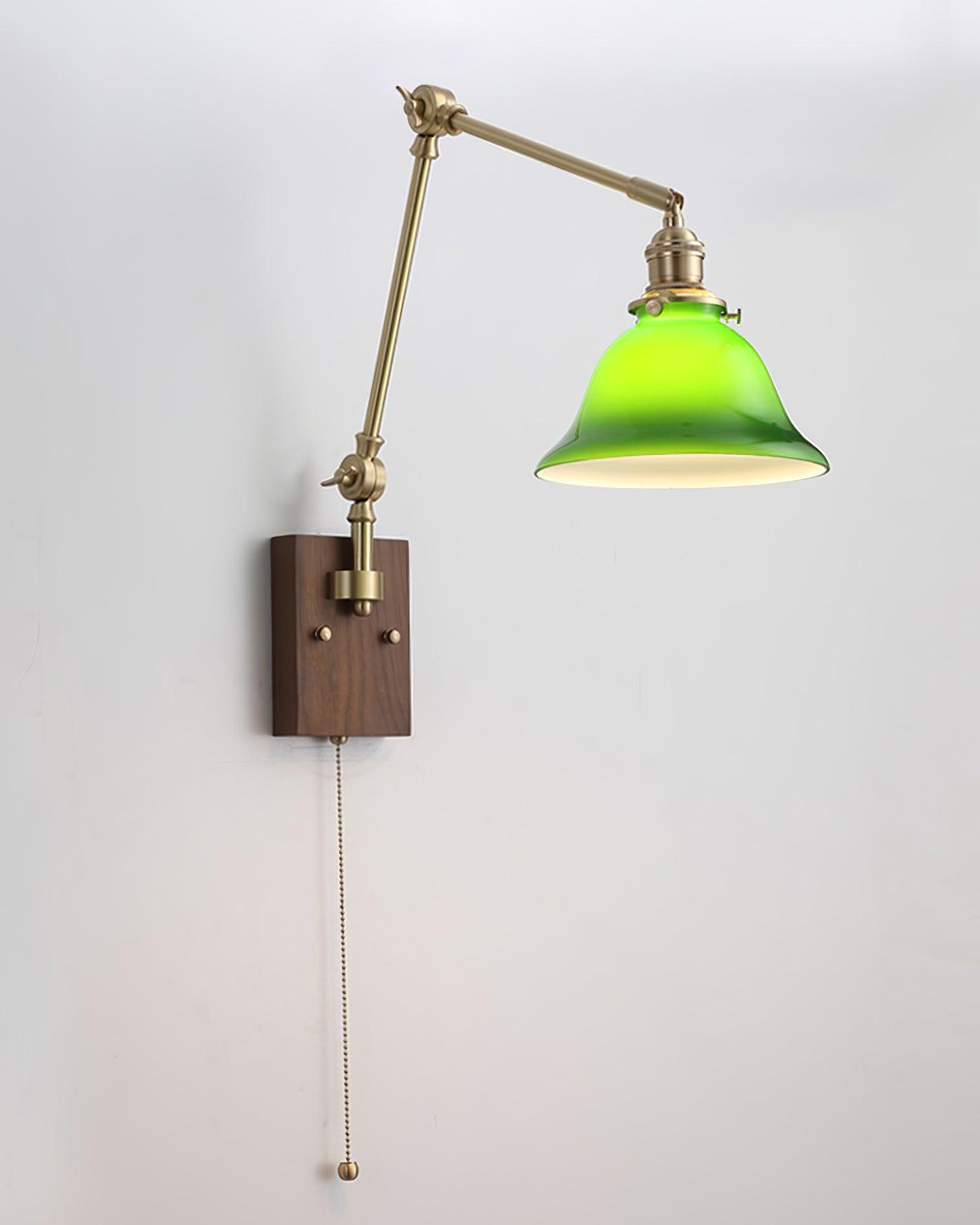 Wall Lamp Brass and Glass Shade Walnut Wood Base Adjustable Arm Vintage - Neutralighting