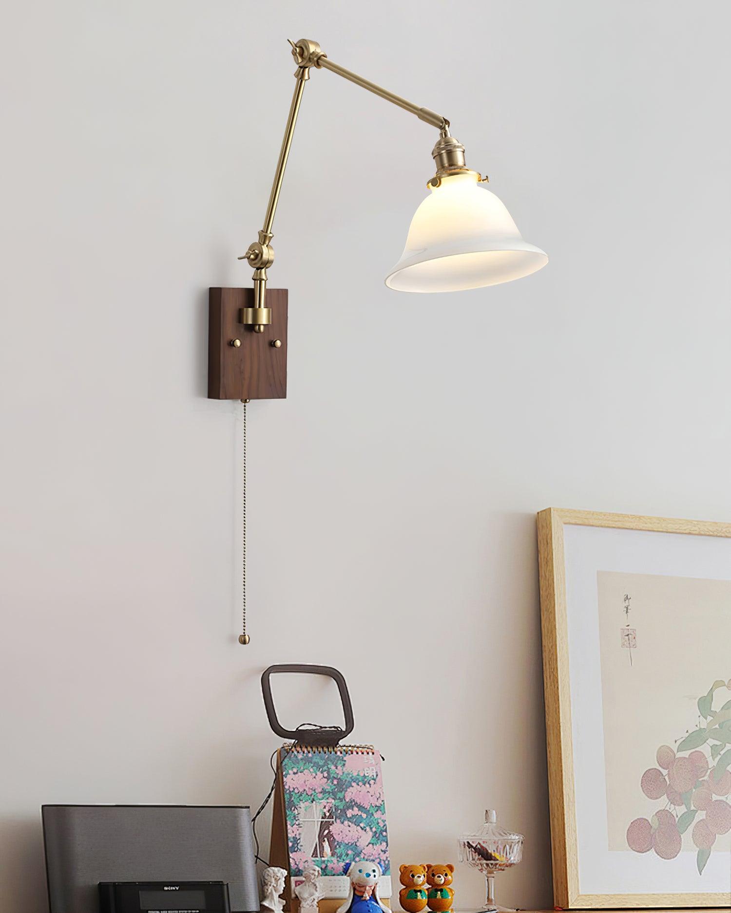 Wall Lamp Brass and Glass Shade Walnut Wood Base Adjustable Arm Vintage - Neutralighting