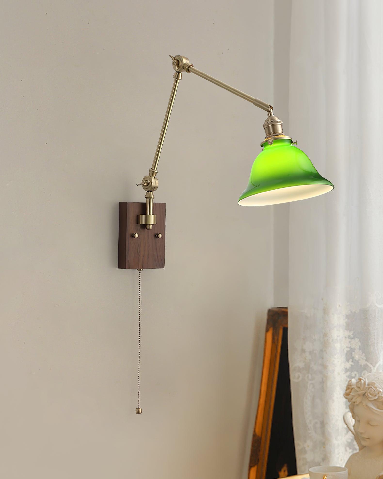 Wall Lamp Brass and Glass Shade Walnut Wood Base Adjustable Arm Vintage - Neutralighting