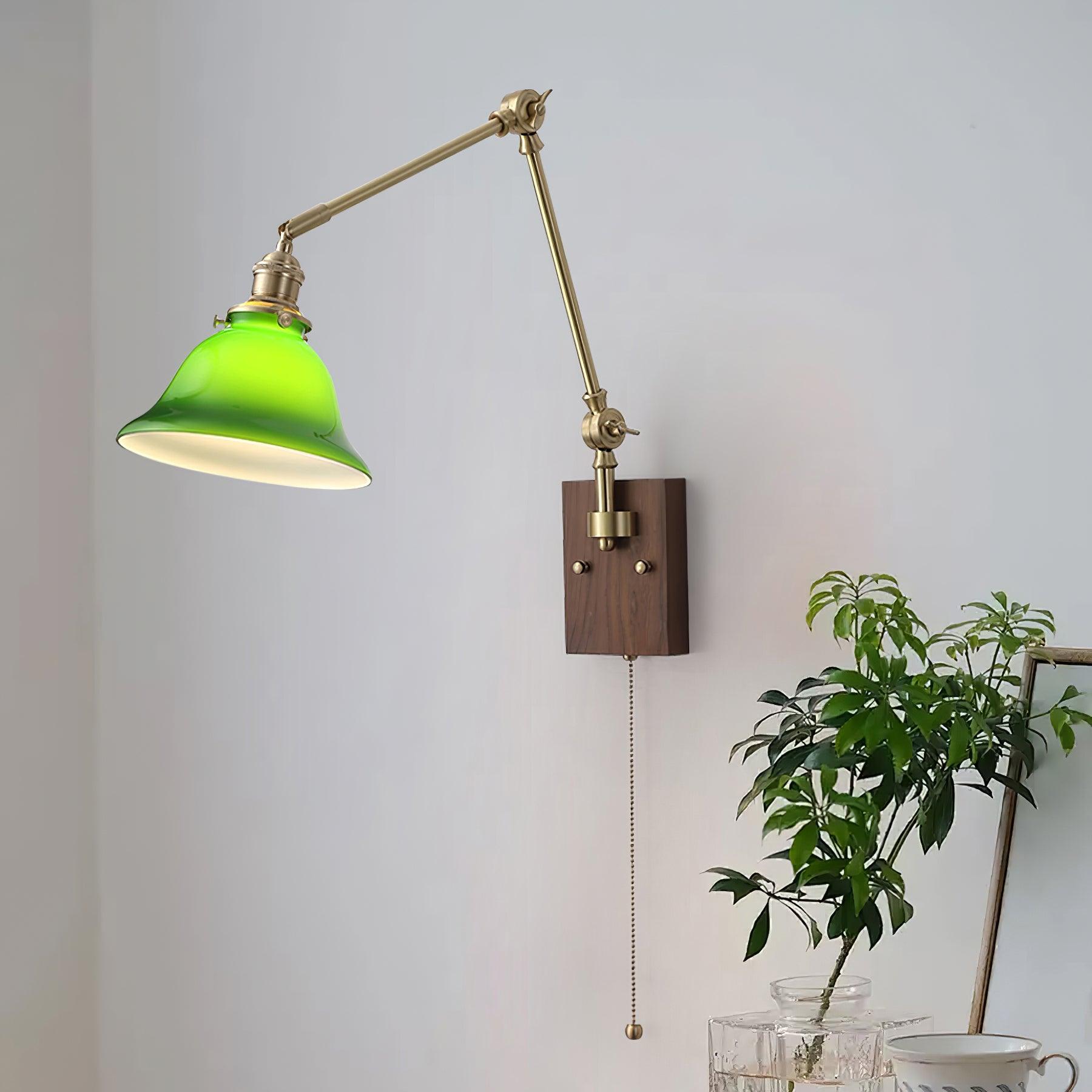 Wall Lamp Brass and Glass Shade Walnut Wood Base Adjustable Arm Vintage - Neutralighting