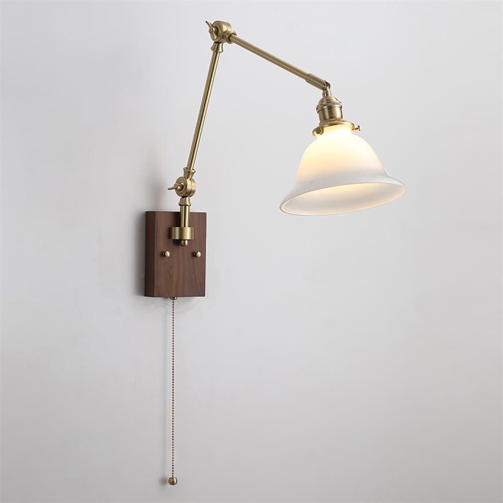 Wall Lamp Brass and Glass Shade Walnut Wood Base Adjustable Arm Vintage - Neutralighting