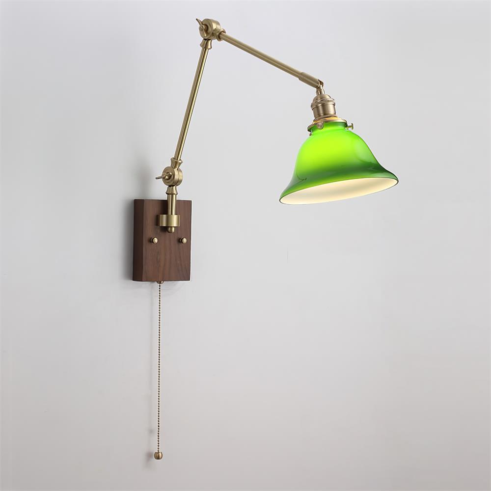 Wall Lamp Brass and Glass Shade Walnut Wood Base Adjustable Arm Vintage - Neutralighting