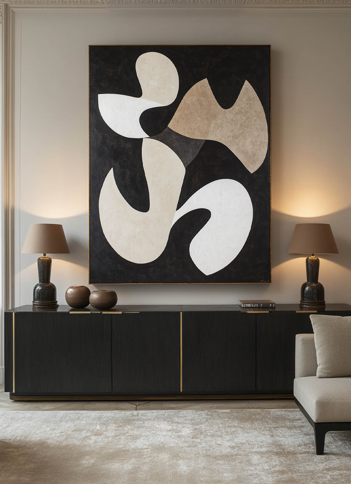 Black‑Beige‑White Tall Flowing Organic‑Shape Artwork