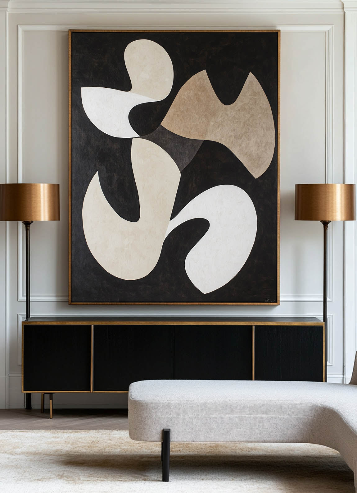 Black‑Beige‑White Tall Flowing Organic‑Shape Artwork