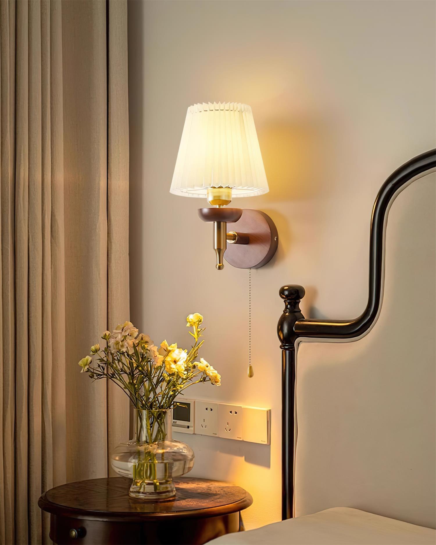 Wall Lamp Fabric Shade Modern Classic Gold Walnut Sconce Bedroom - Neutralighting