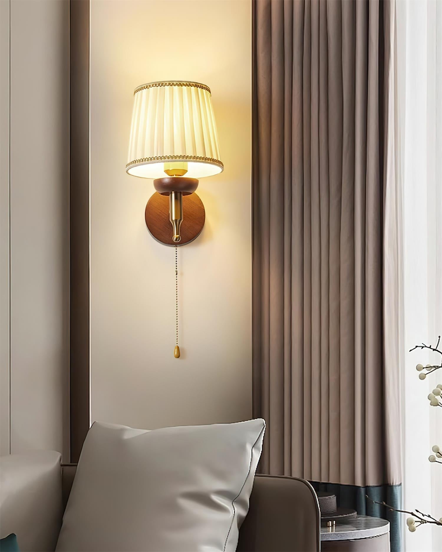 Wall Lamp Fabric Shade Modern Classic Gold Walnut Sconce Bedroom - Neutralighting