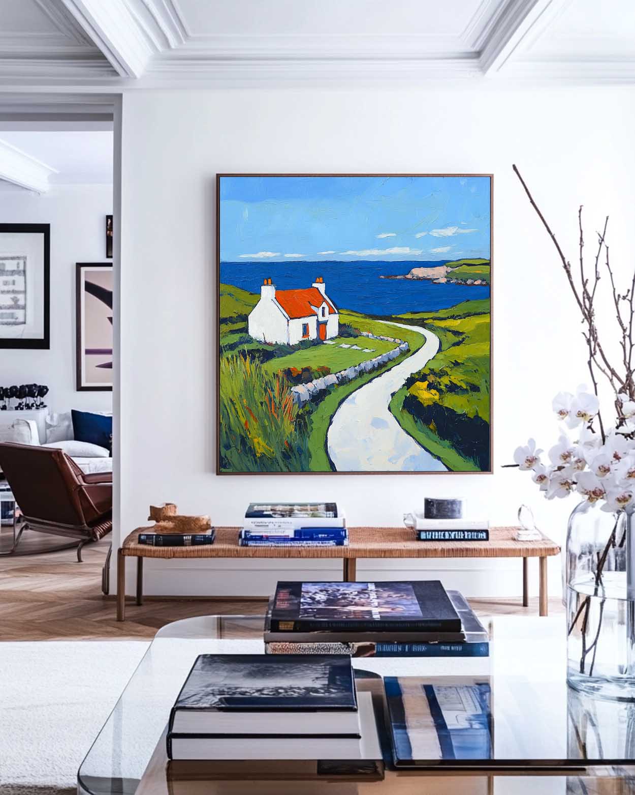 Blue‑Green Square Impasto Coastal Cottage Scenic Textured Artwork