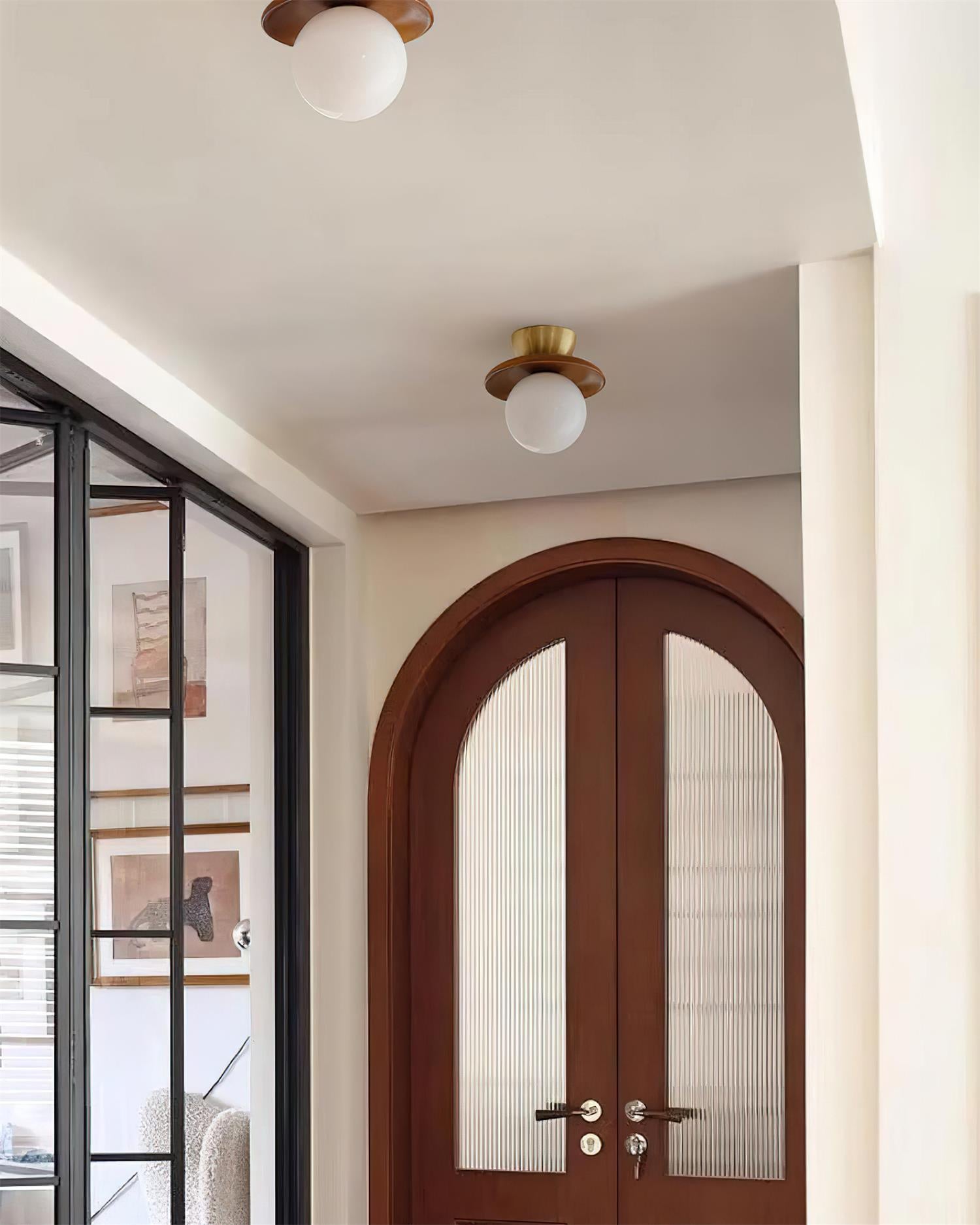 Ceiling Light Globe Opal Glass Modern Brass Walnut Accent Flush Mount - Neutralighting