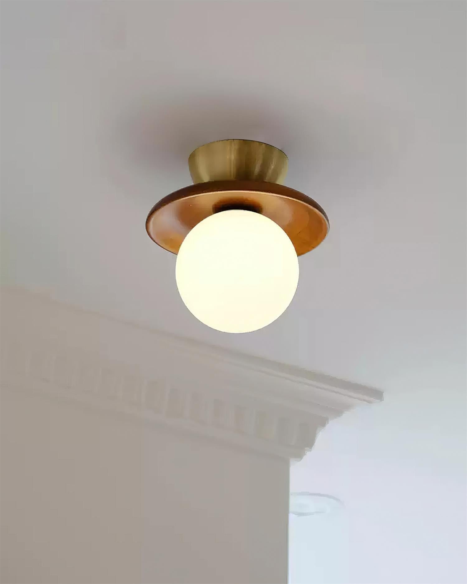 Ceiling Light Globe Opal Glass Modern Brass Walnut Accent Flush Mount - Neutralighting