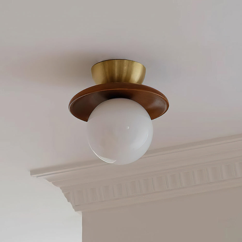 Ceiling Light Globe Opal Glass Modern Brass Walnut Accent Flush Mount - Neutralighting