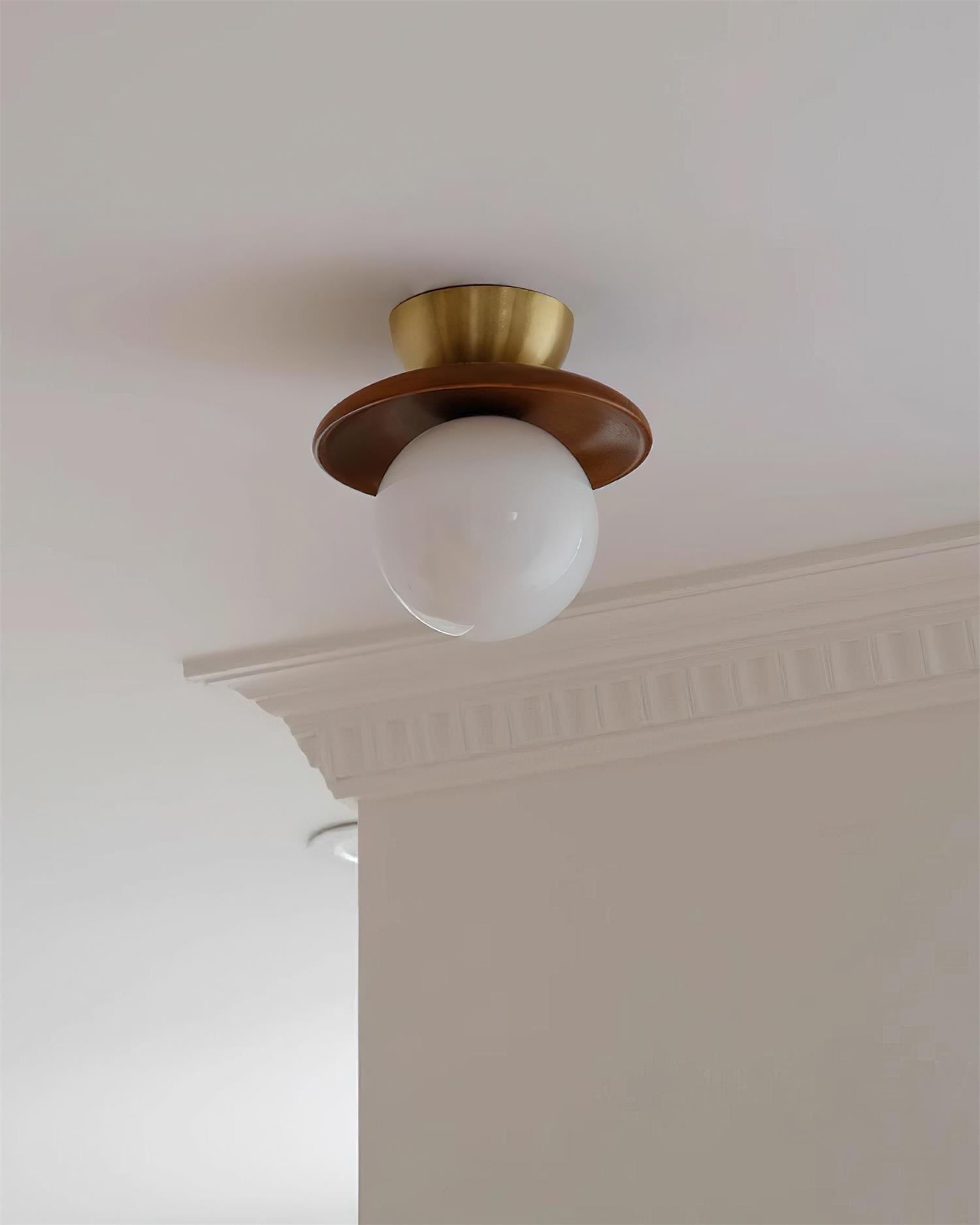 Ceiling Light Globe Opal Glass Modern Brass Walnut Accent Flush Mount - Neutralighting
