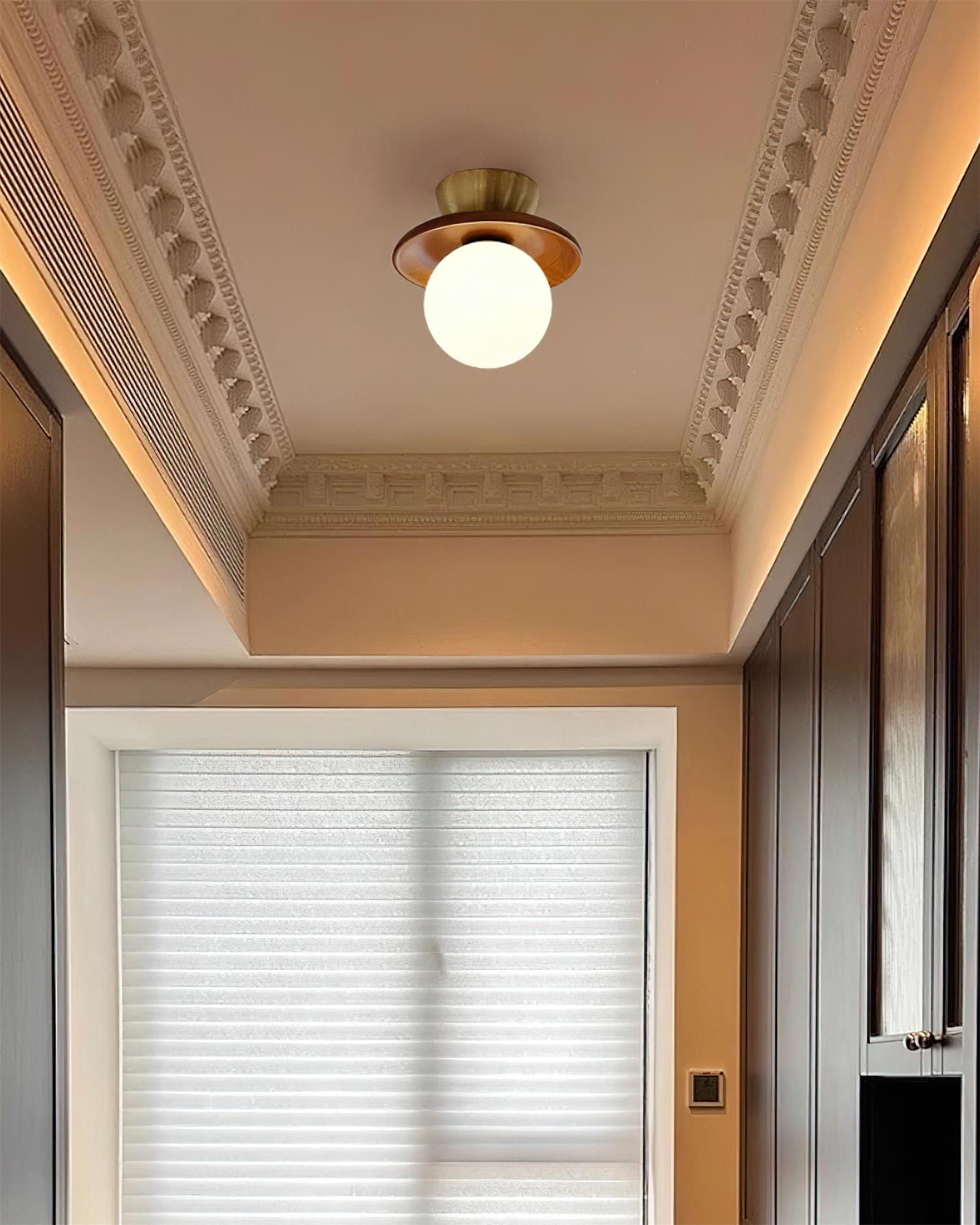 Ceiling Light Globe Opal Glass Modern Brass Walnut Accent Flush Mount - Neutralighting