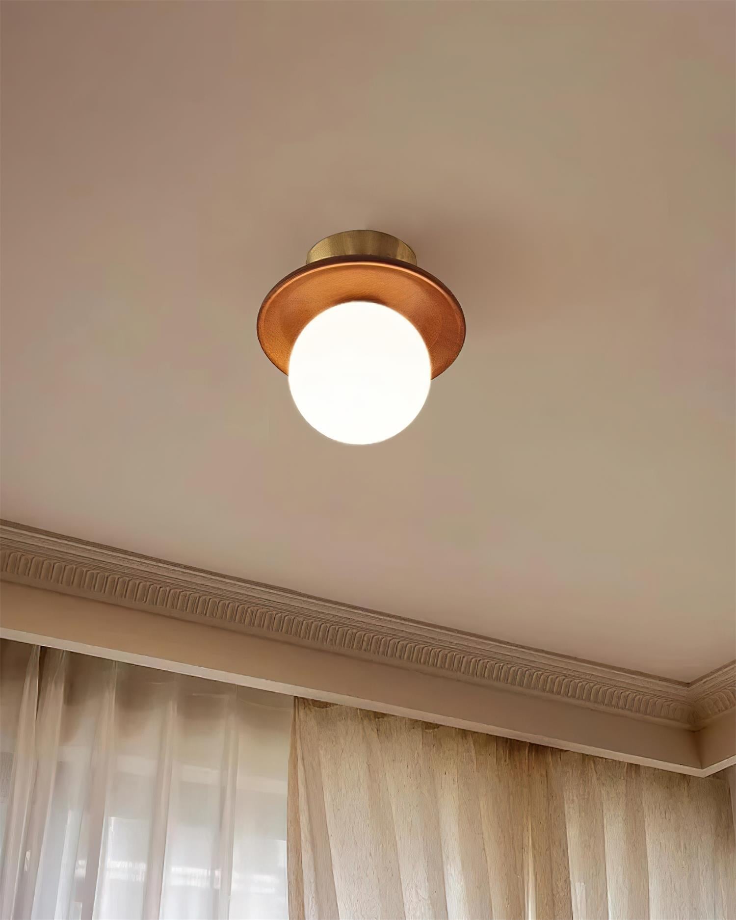 Ceiling Light Globe Opal Glass Modern Brass Walnut Accent Flush Mount - Neutralighting