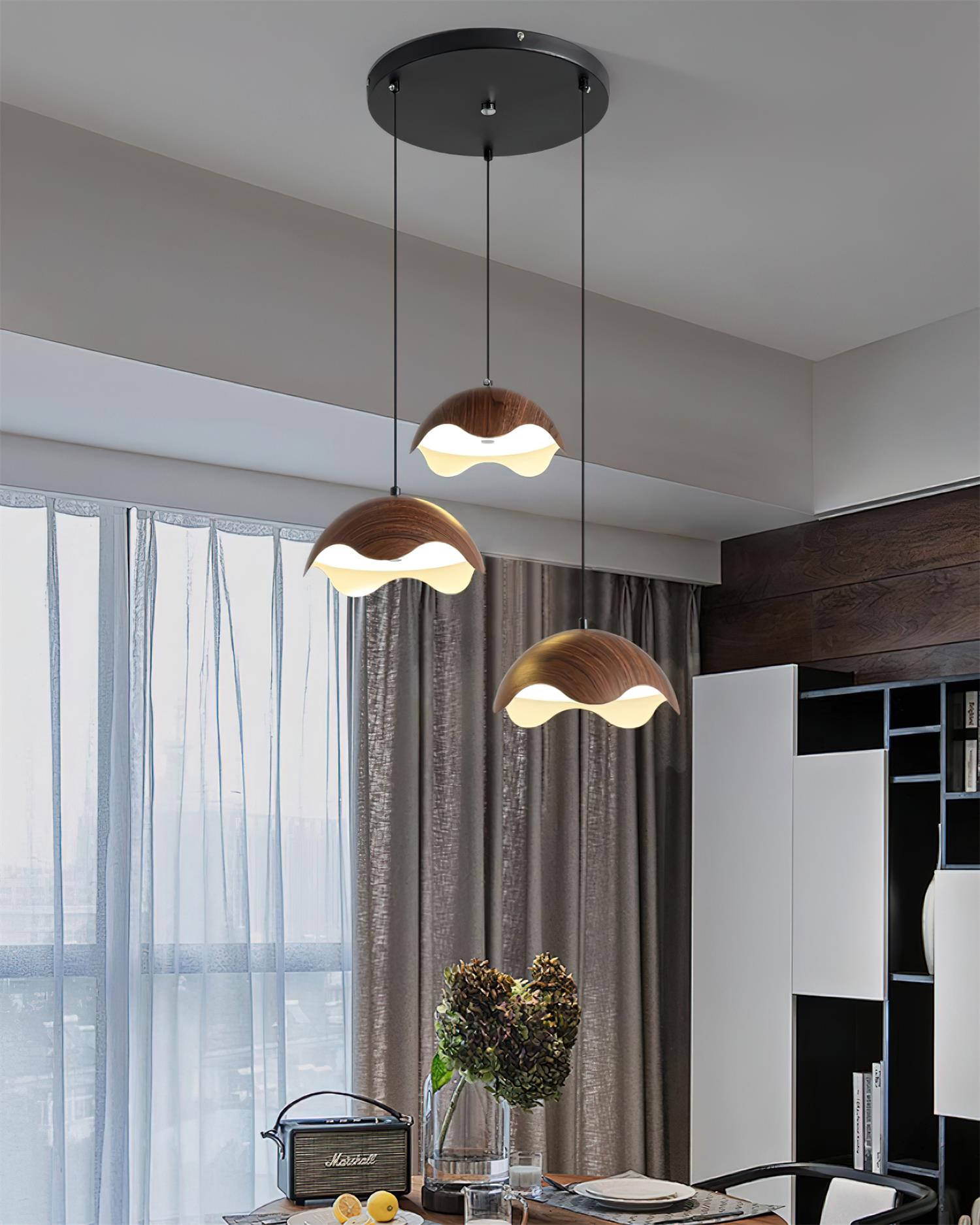 Pendant Lamp Wood-Grain Metal Shade Wave Ambient Minimalist - Neutralighting