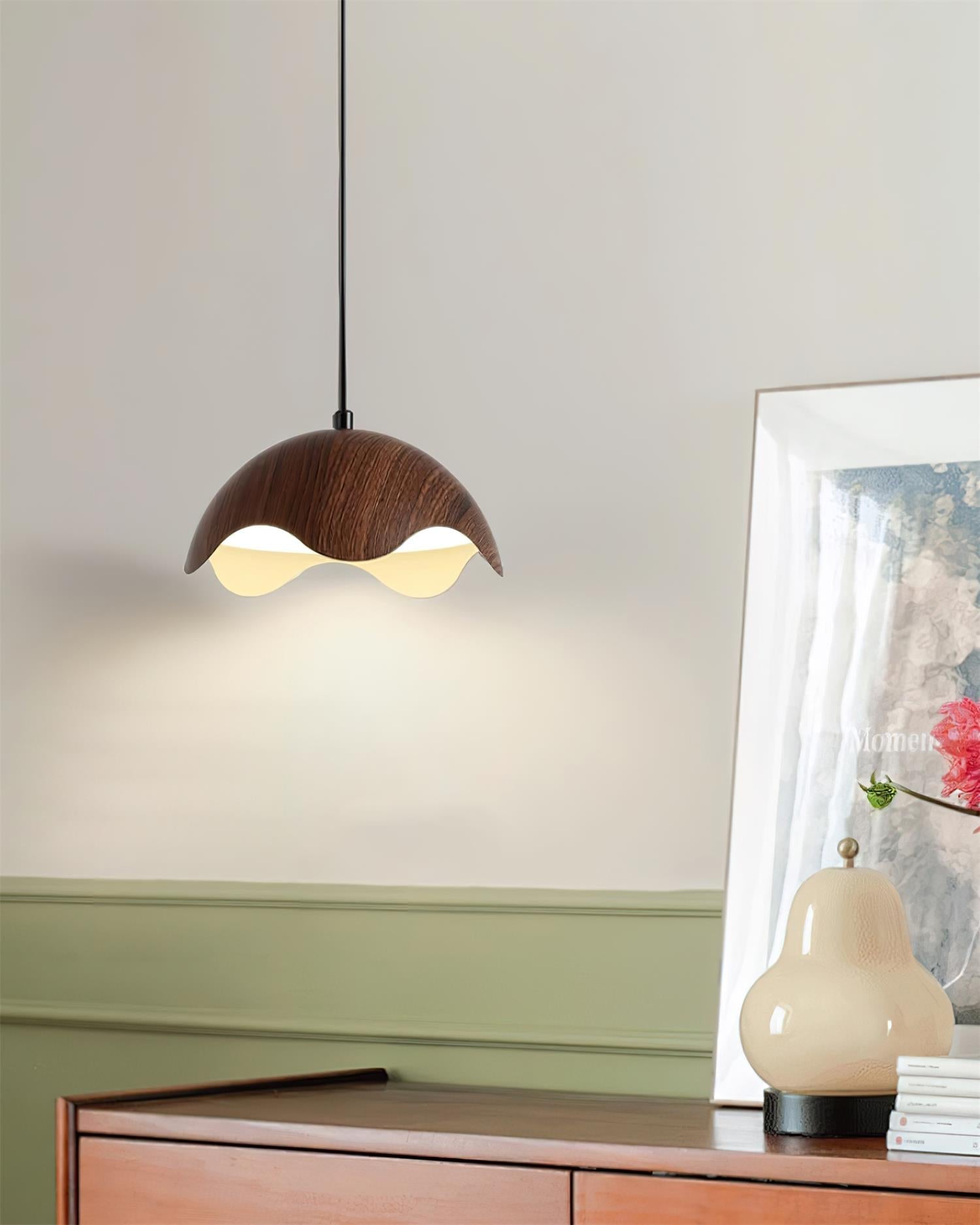 Pendant Lamp Wood-Grain Metal Shade Wave Ambient Minimalist - Neutralighting