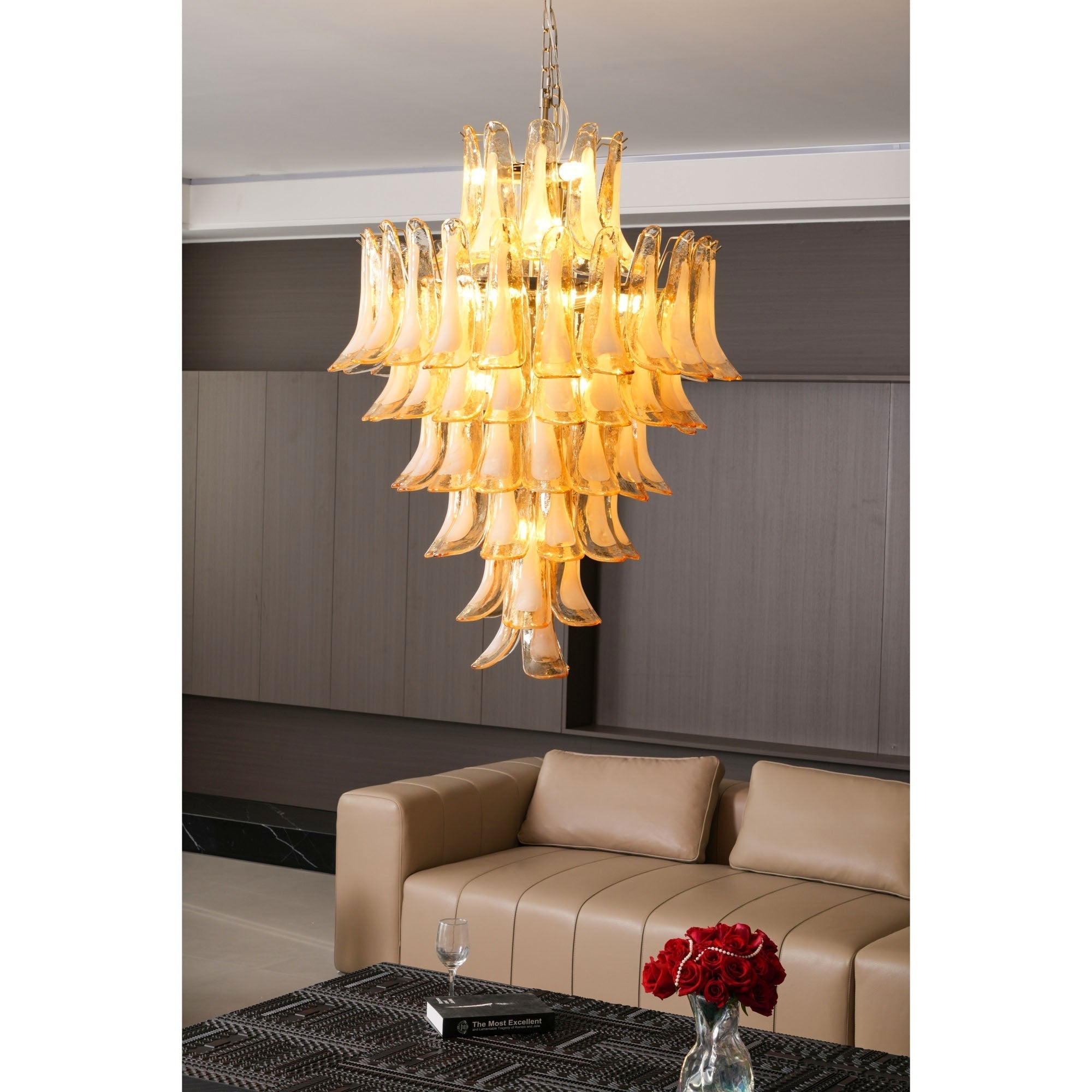 Aurora Chandelier Amber Murano Glass Petal Layered Luxury