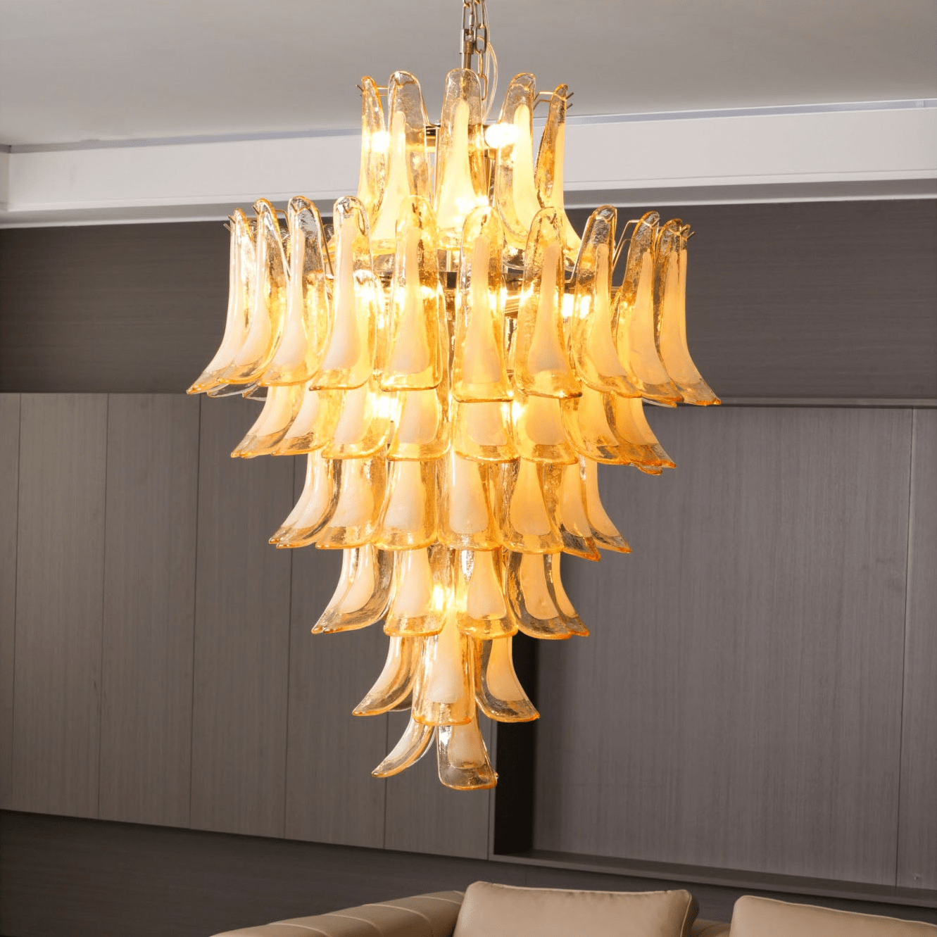Aurora Chandelier Amber Murano Glass Petal Layered Luxury