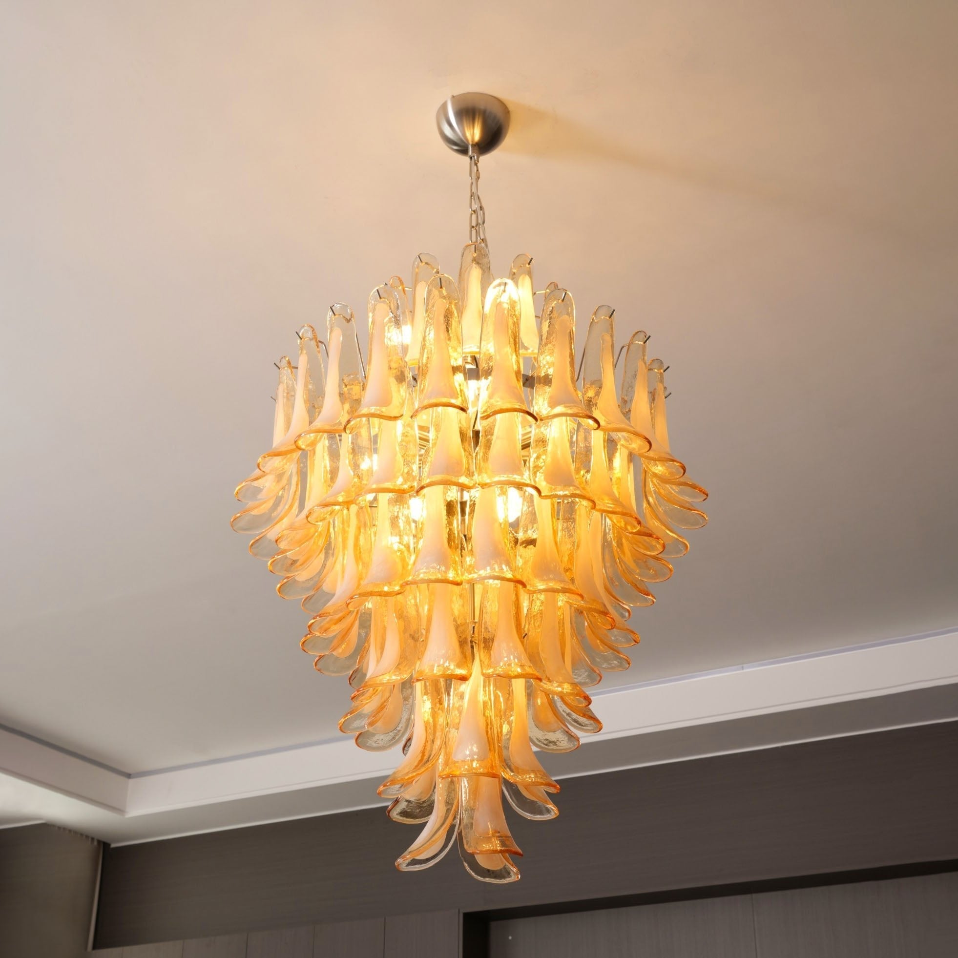 Aurora Chandelier Amber Murano Glass Petal Layered Luxury