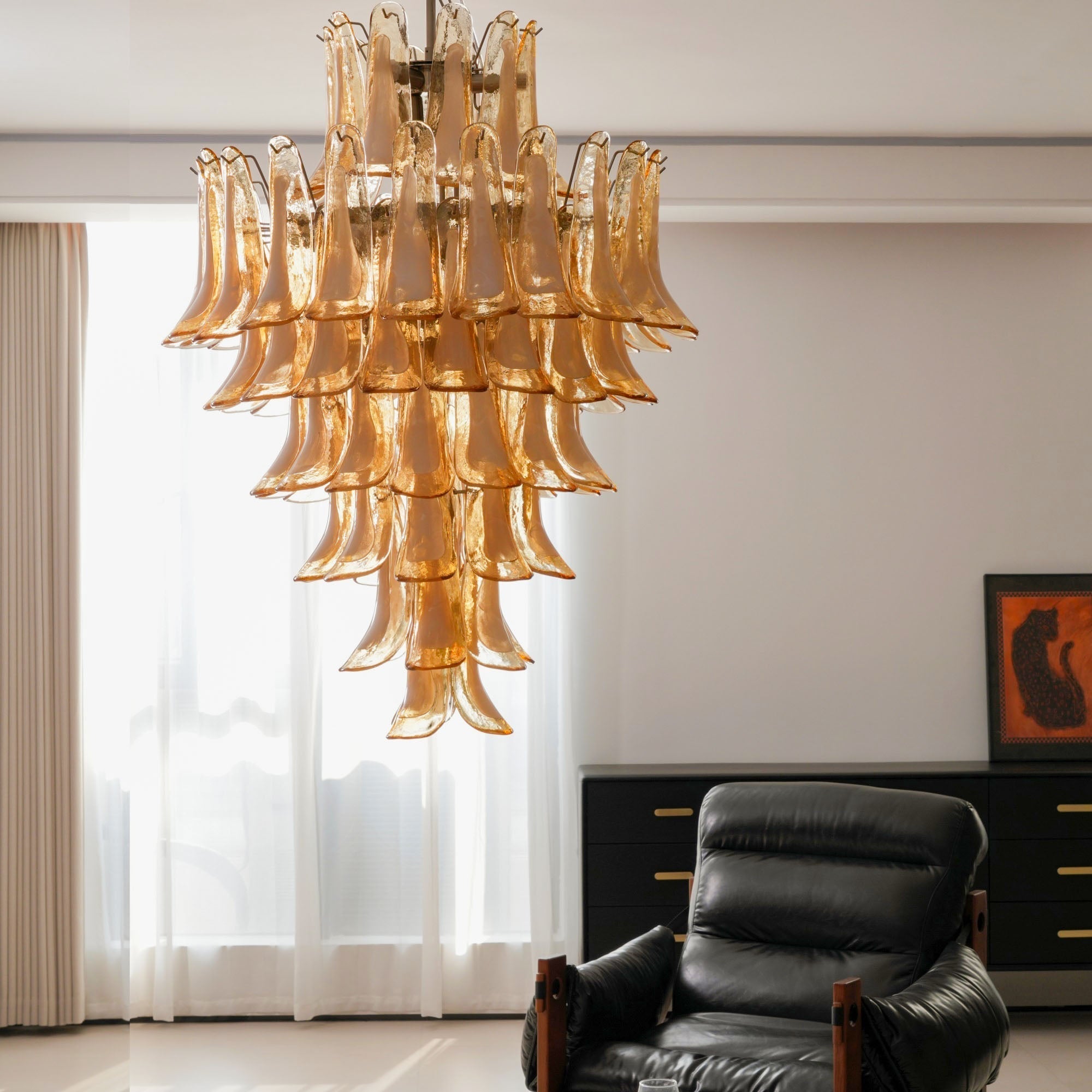 Aurora Chandelier Amber Murano Glass Petal Layered Luxury