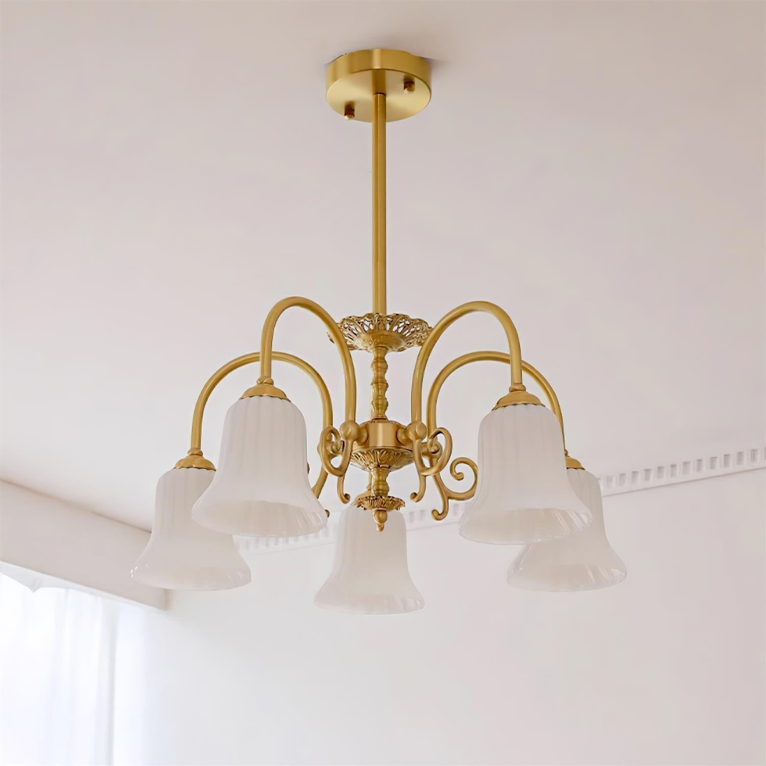 Chandelier with Brass Arms White Glass Shades Opulent Luxe - Neutralighting
