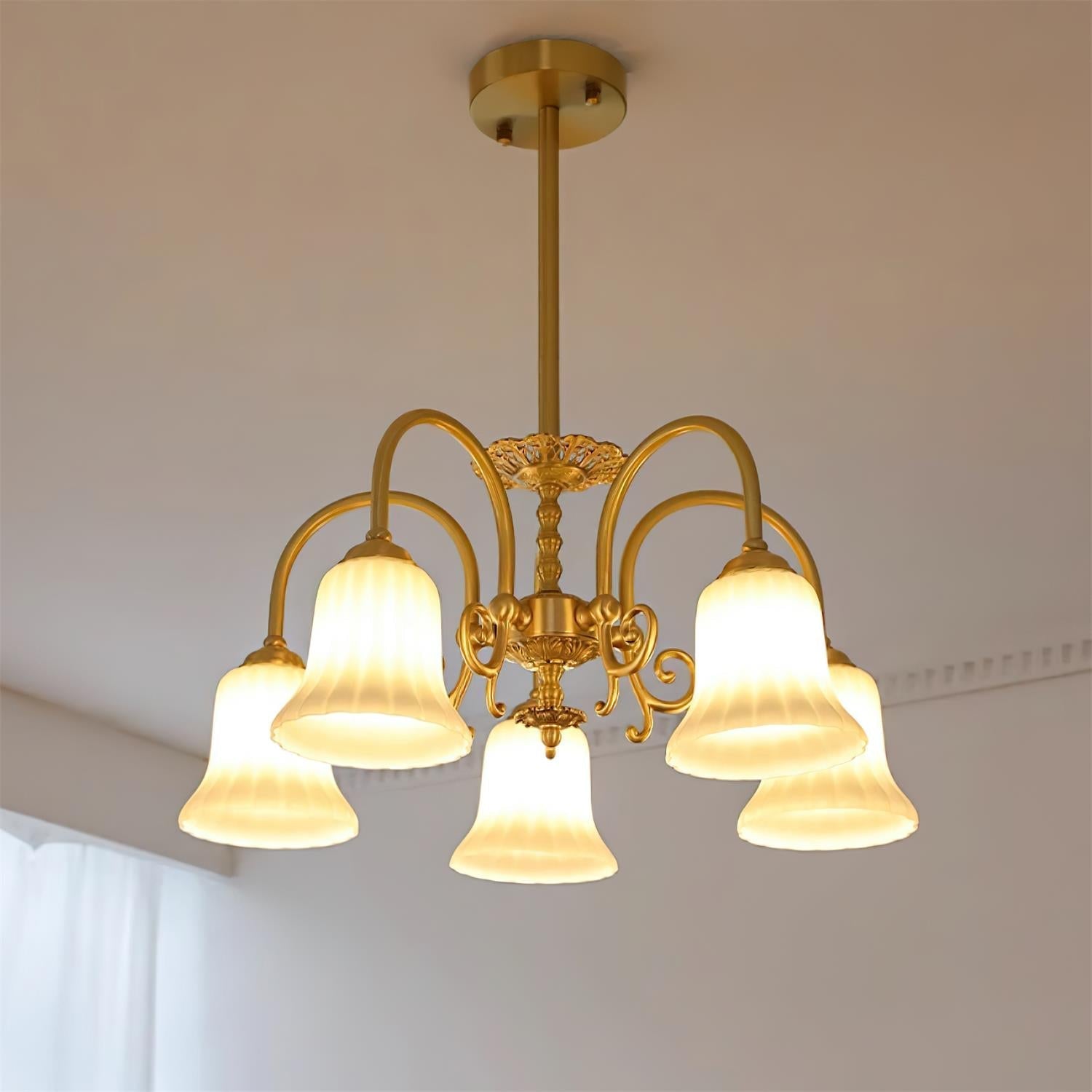 Chandelier with Brass Arms White Glass Shades Opulent Luxe - Neutralighting