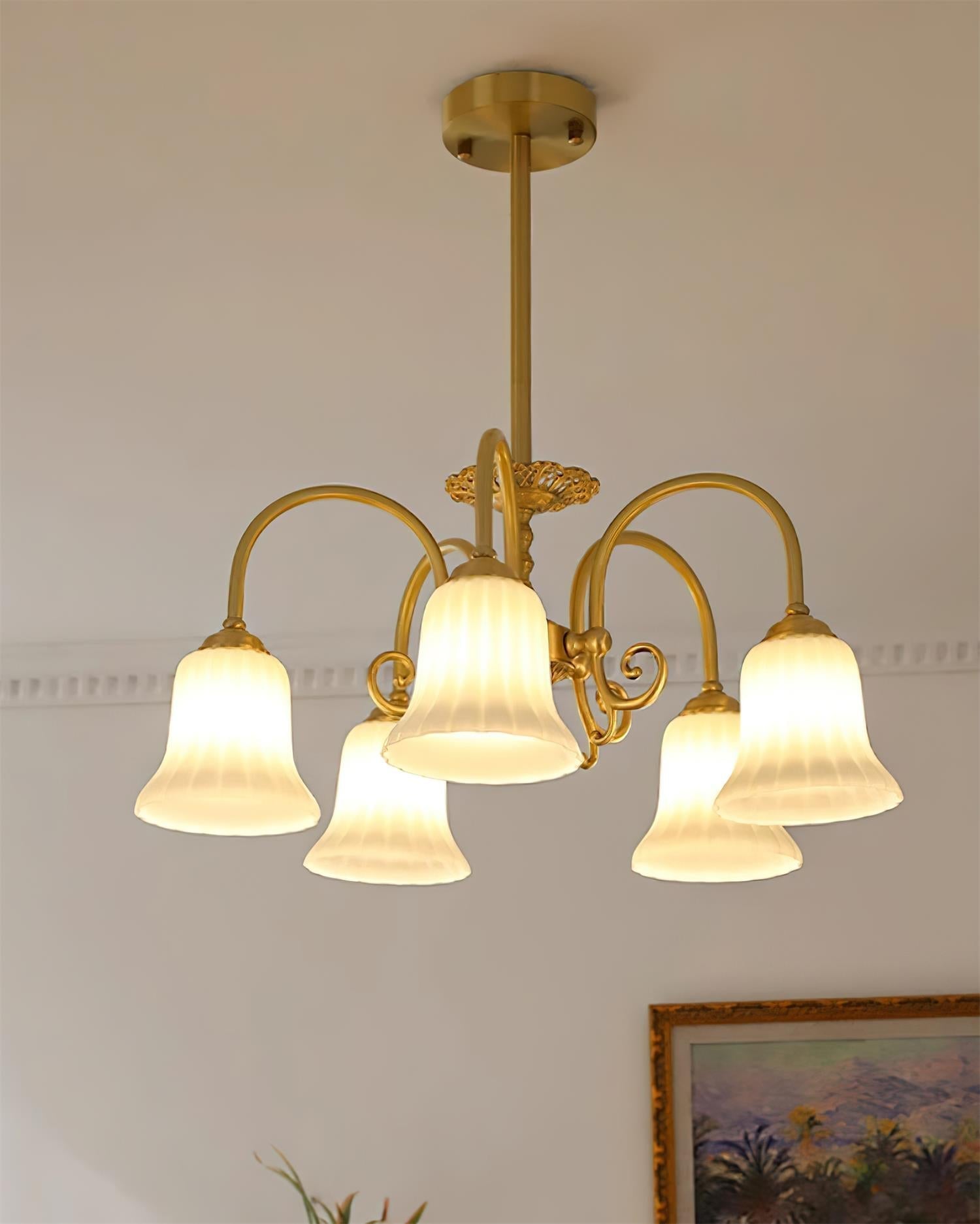 Chandelier with Brass Arms White Glass Shades Opulent Luxe - Neutralighting