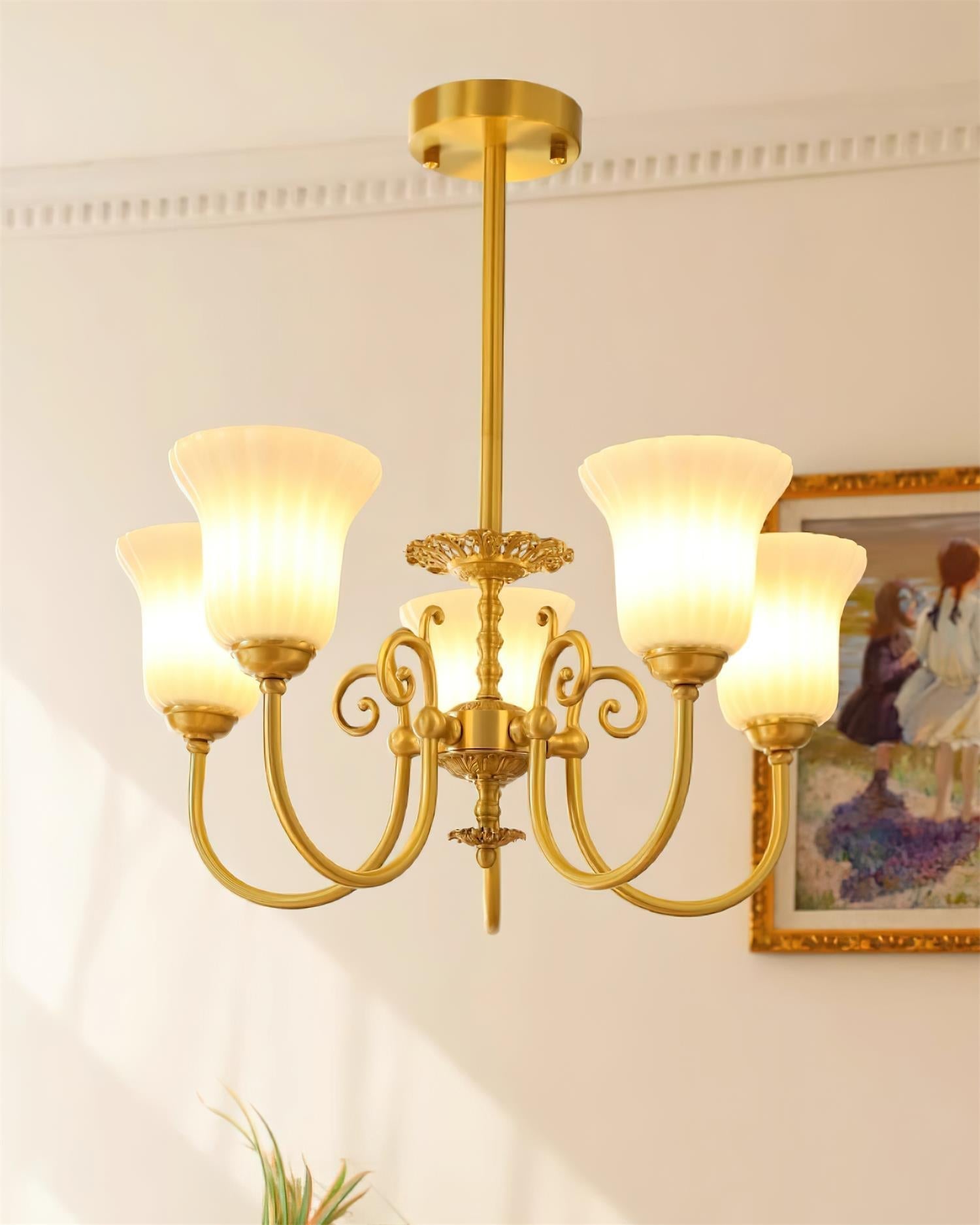 Chandelier with Brass Arms White Glass Shades Opulent Luxe - Neutralighting