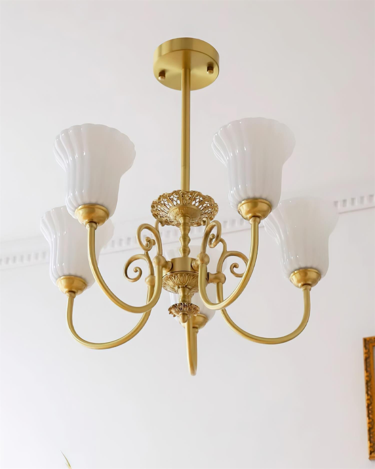 Chandelier with Brass Arms White Glass Shades Opulent Luxe - Neutralighting