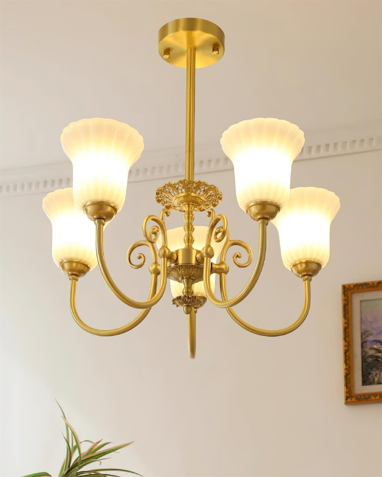 Chandelier with Brass Arms White Glass Shades Opulent Luxe - Neutralighting