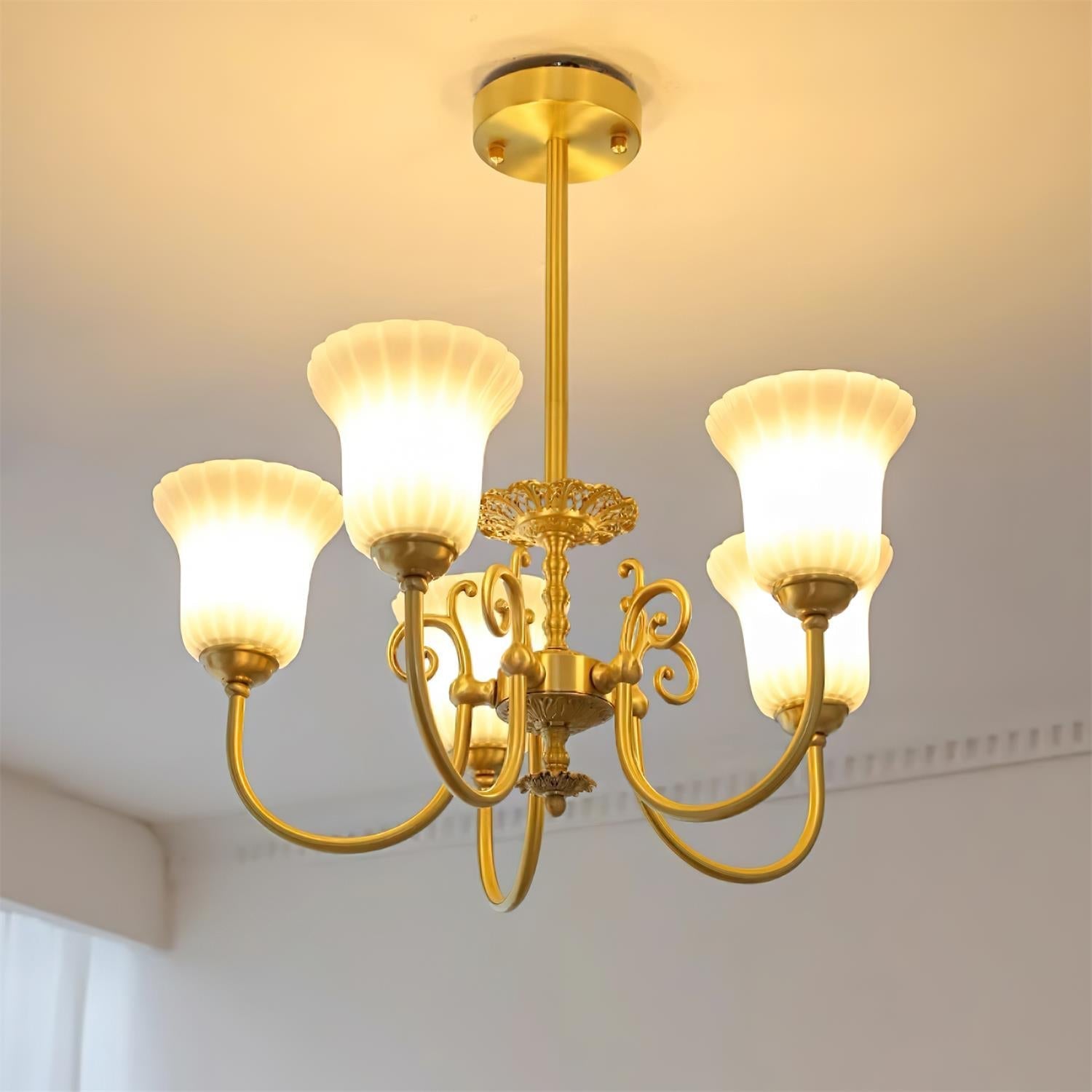 Chandelier with Brass Arms White Glass Shades Opulent Luxe - Neutralighting