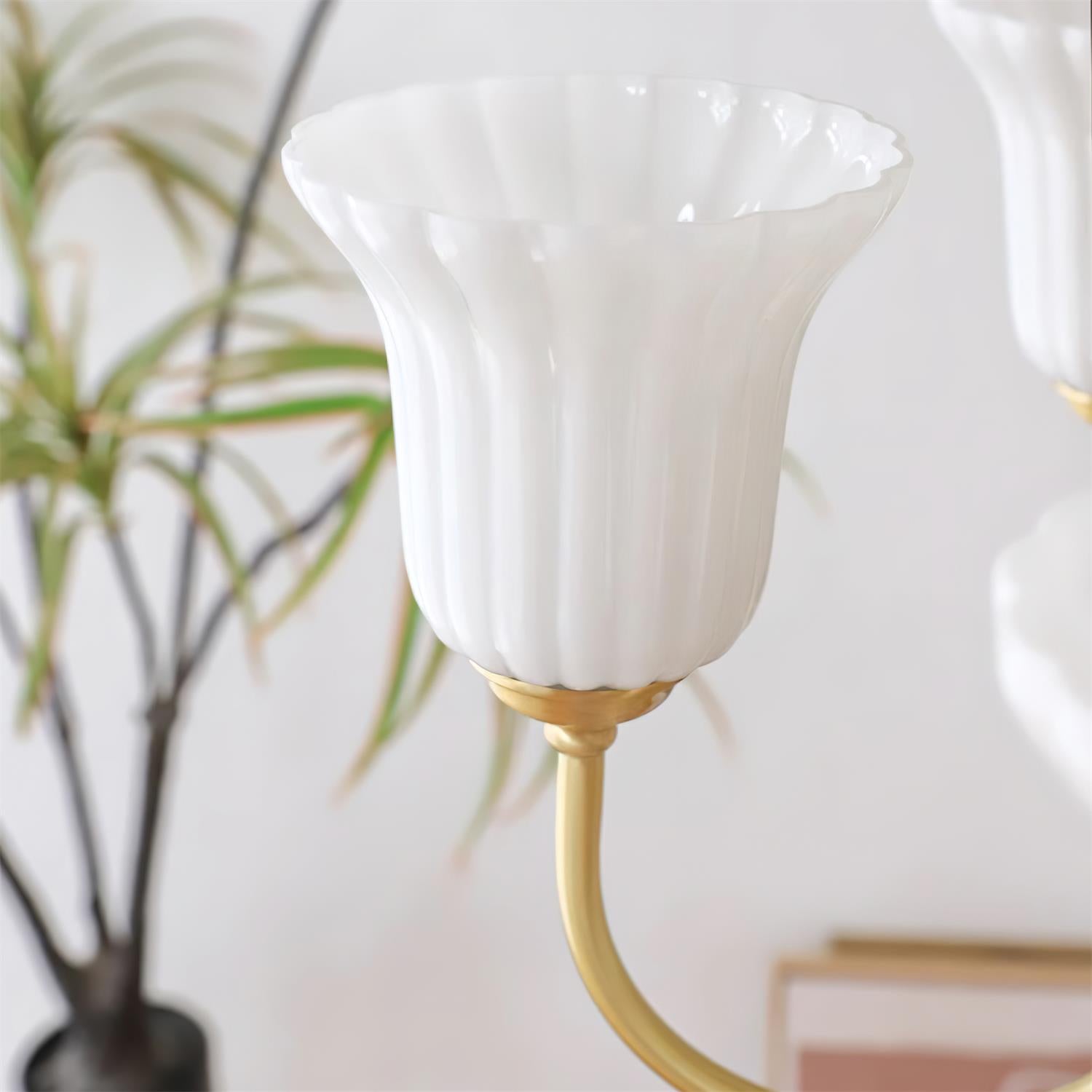 Chandelier with Brass Arms White Glass Shades Opulent Luxe - Neutralighting
