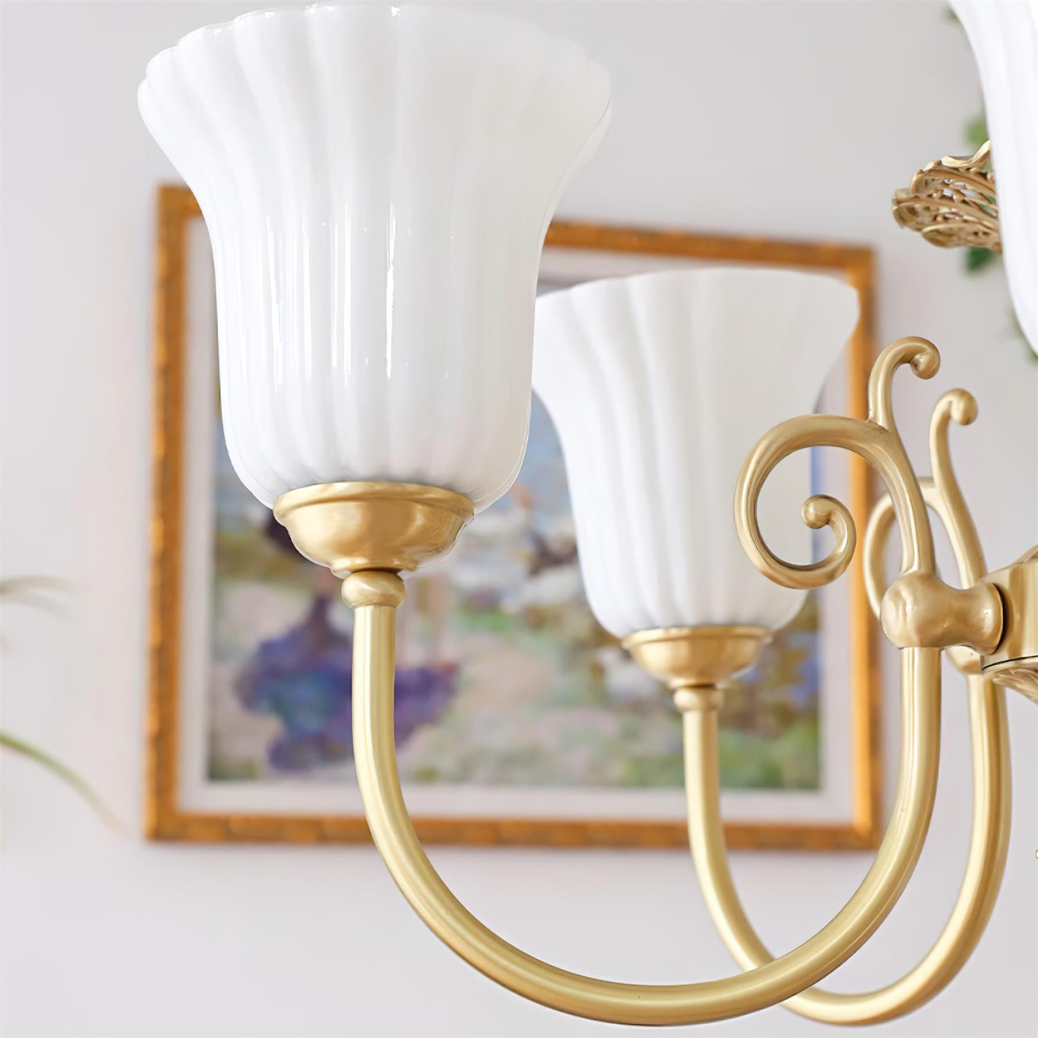 Chandelier with Brass Arms White Glass Shades Opulent Luxe - Neutralighting
