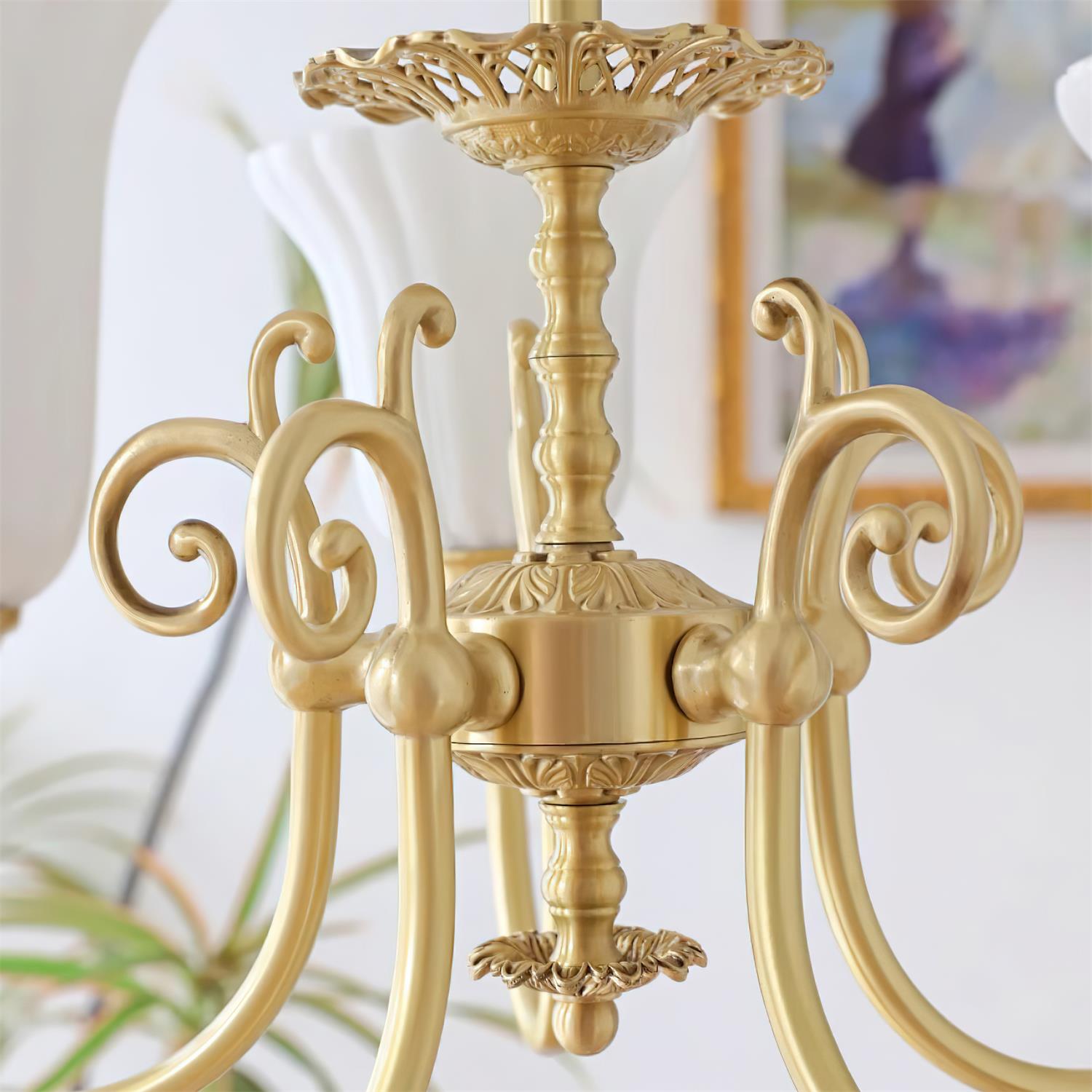Chandelier with Brass Arms White Glass Shades Opulent Luxe - Neutralighting
