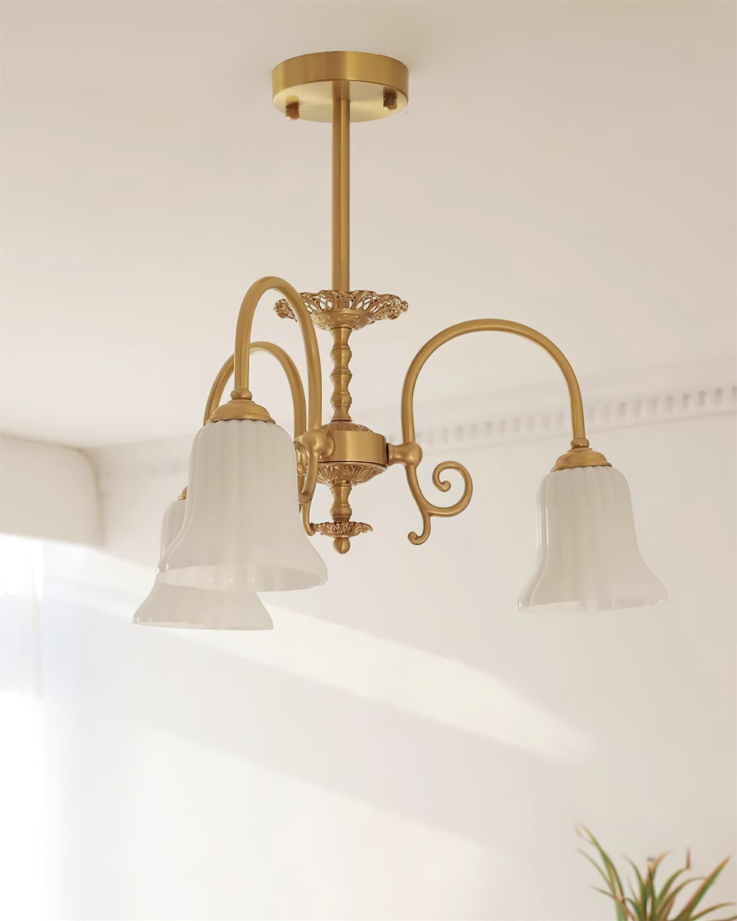 Chandelier with Brass Arms White Glass Shades Opulent Luxe - Neutralighting