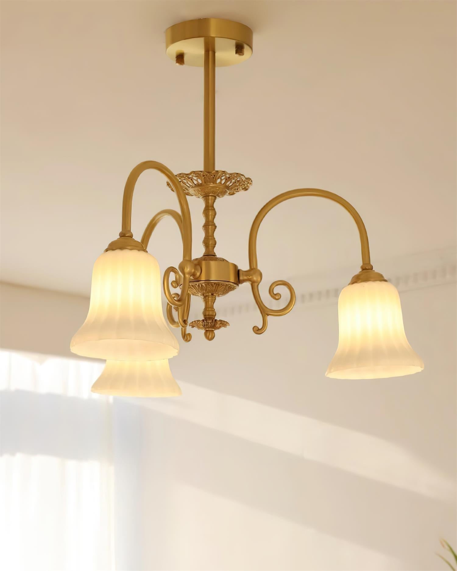Chandelier with Brass Arms White Glass Shades Opulent Luxe - Neutralighting