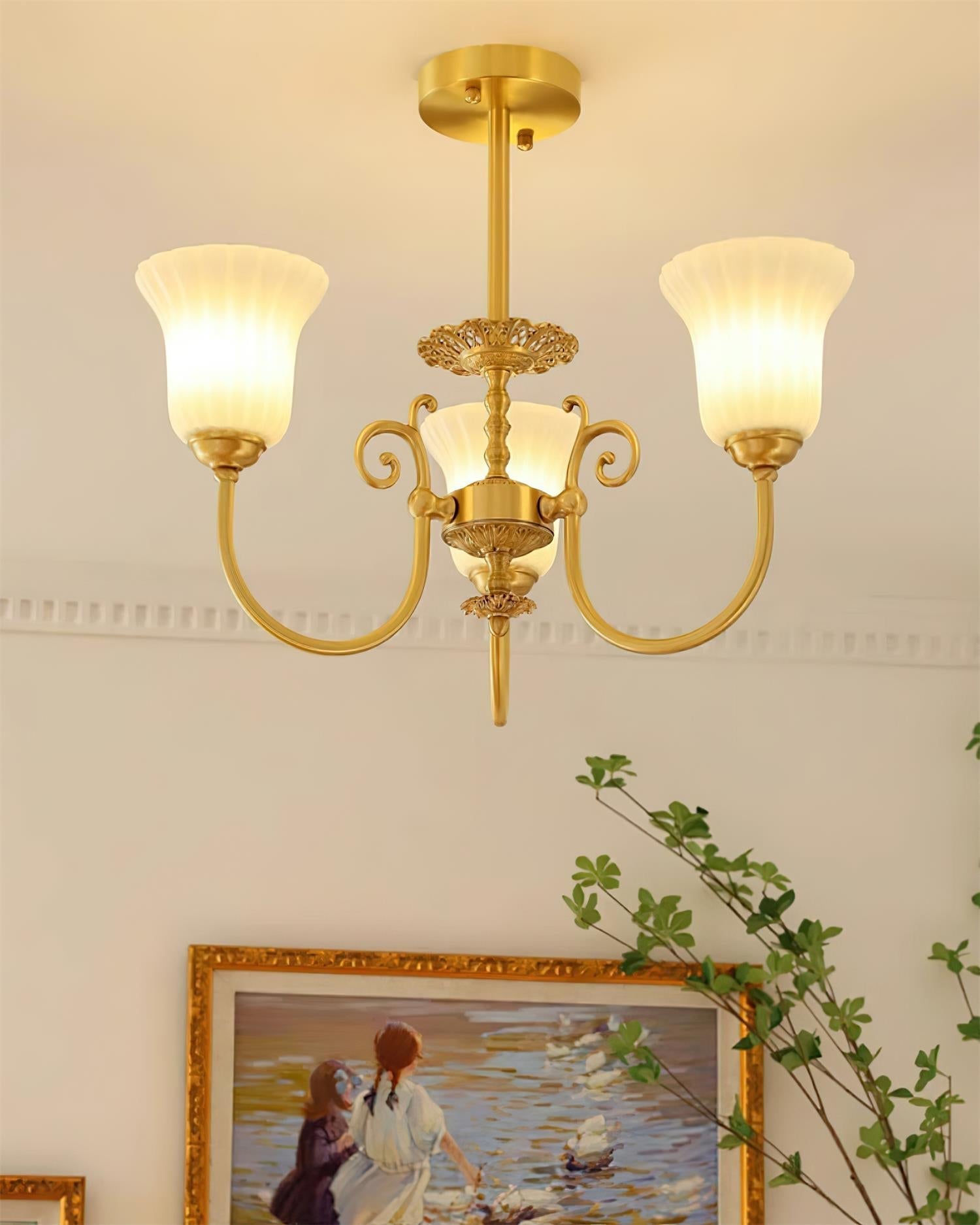 Chandelier with Brass Arms White Glass Shades Opulent Luxe - Neutralighting