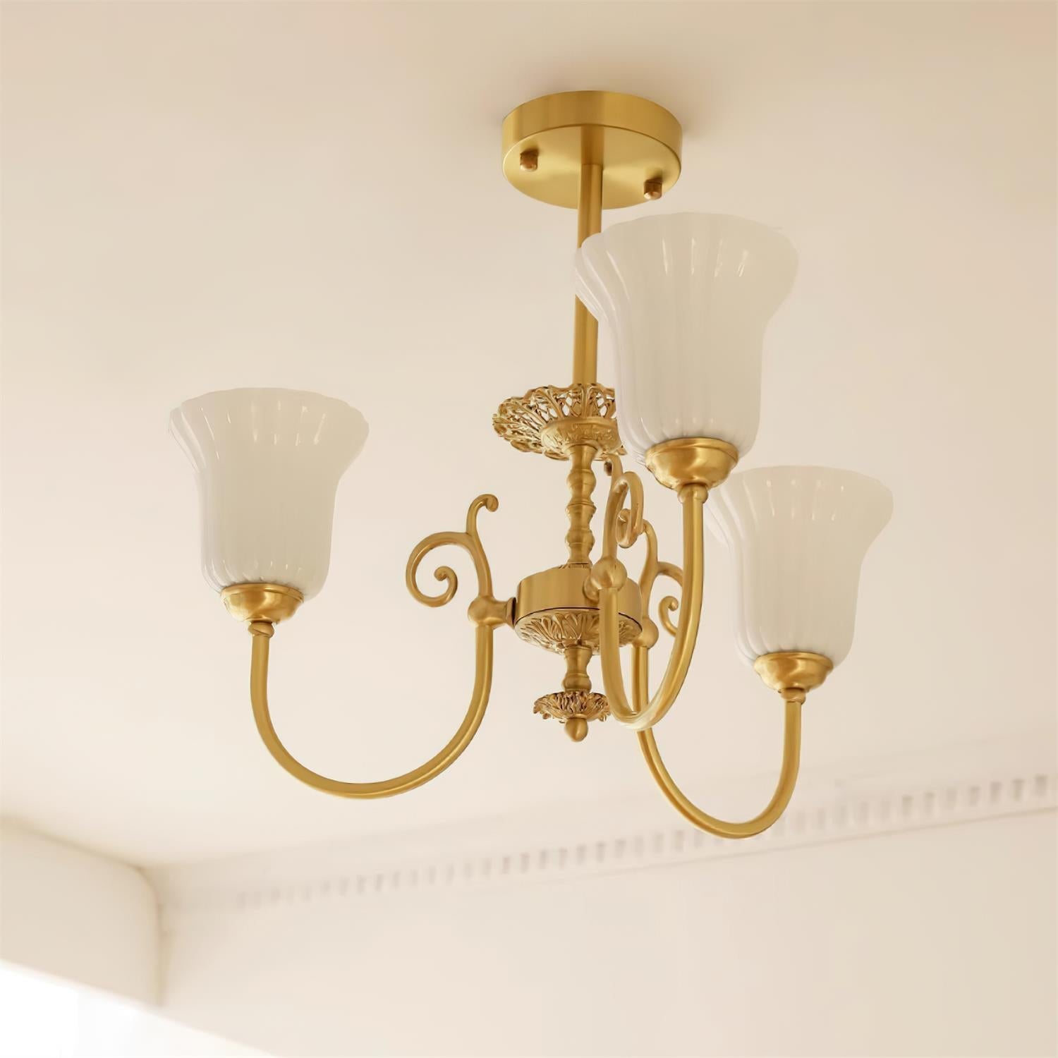 Chandelier with Brass Arms White Glass Shades Opulent Luxe - Neutralighting