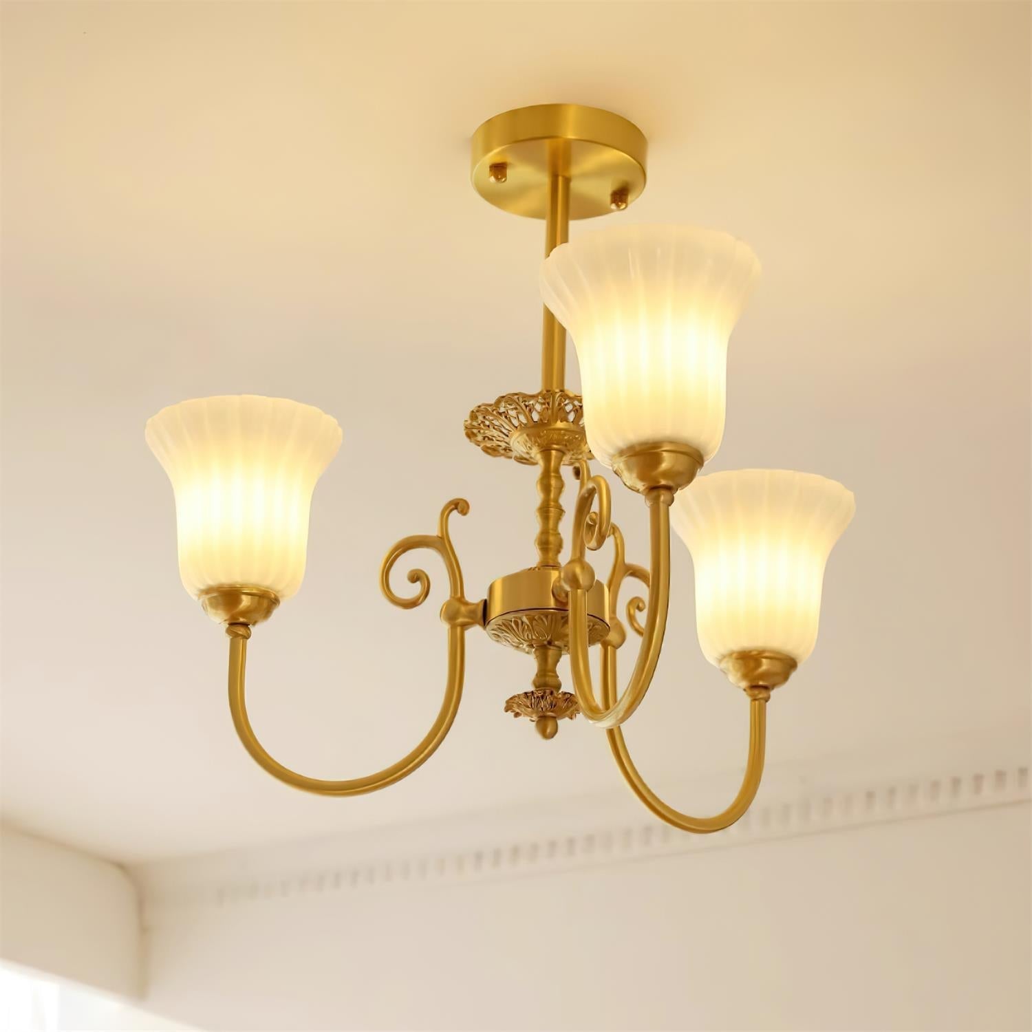 Chandelier with Brass Arms White Glass Shades Opulent Luxe - Neutralighting