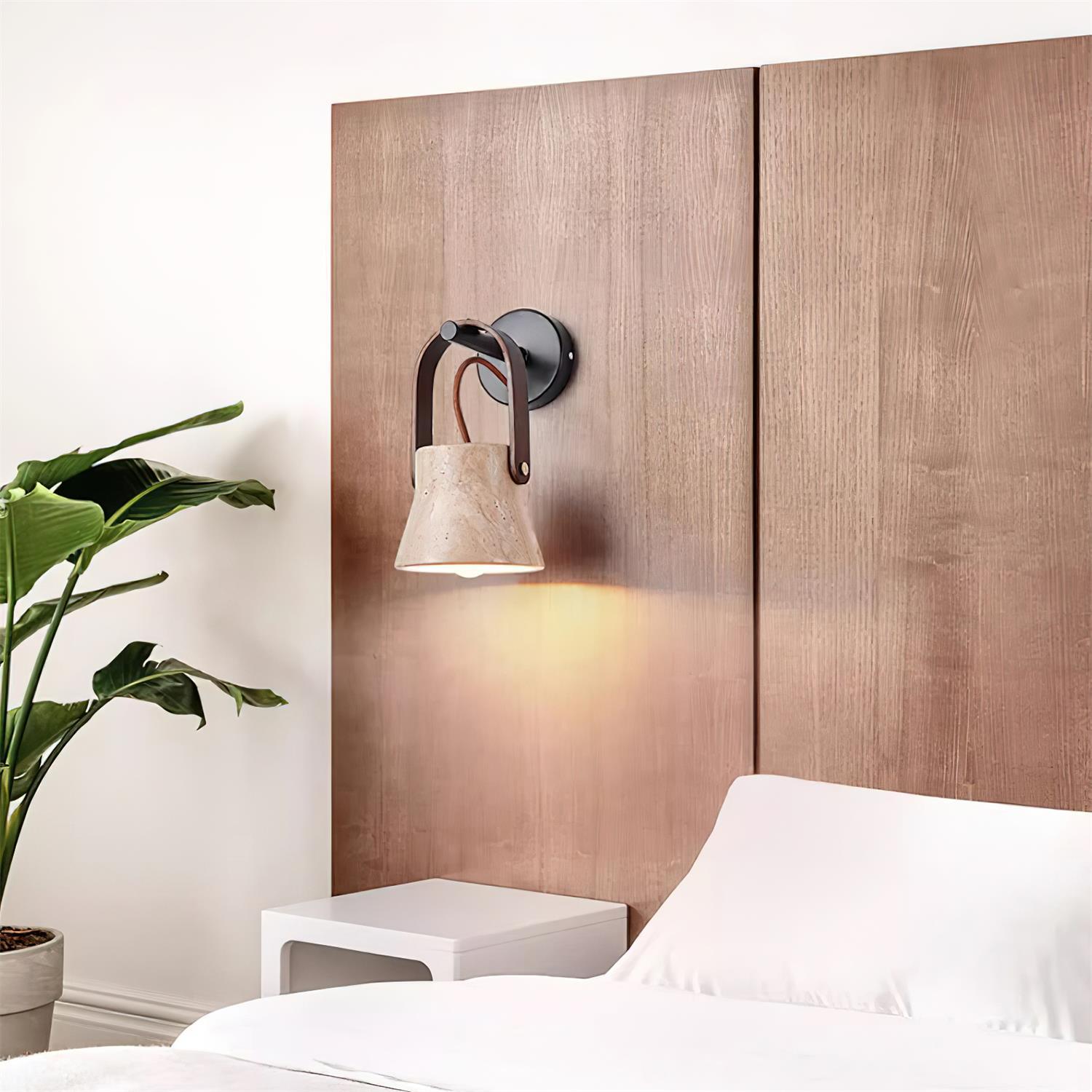 Wall Lamp Metal Body Wood Strap Travertine Shade Minimalist - Neutralighting