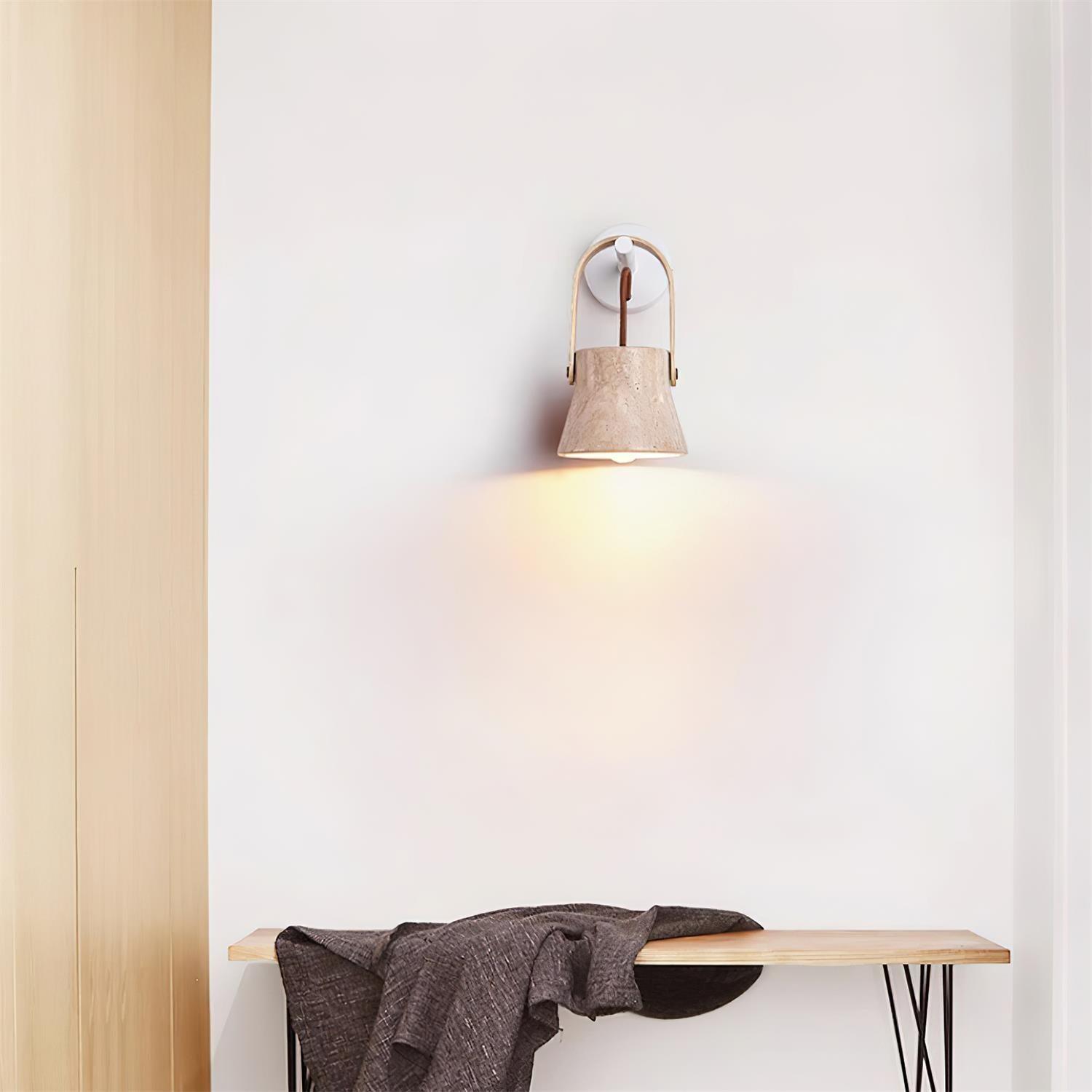 Wall Lamp Metal Body Wood Strap Travertine Shade Minimalist - Neutralighting