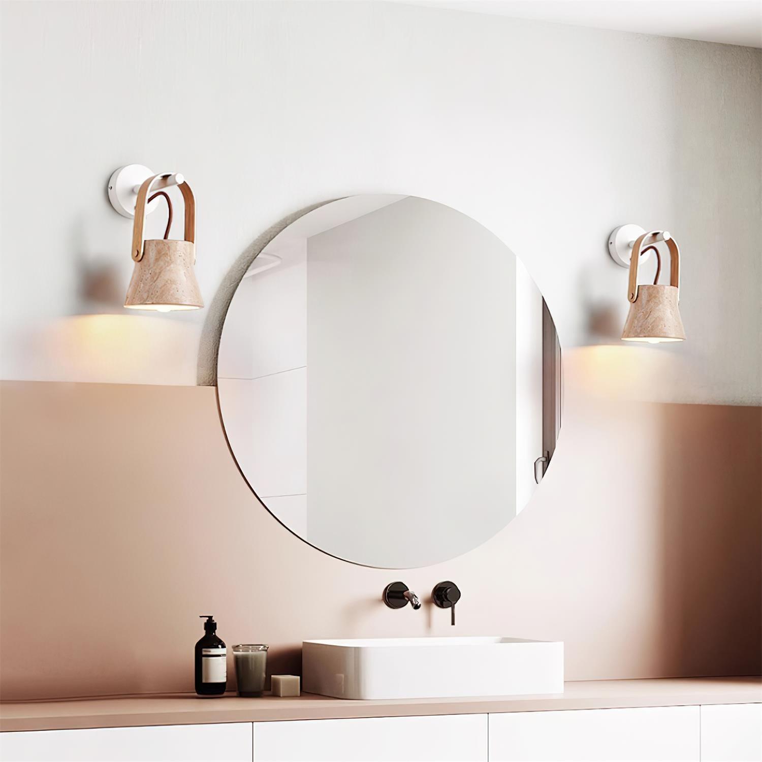 Wall Lamp Metal Body Wood Strap Travertine Shade Minimalist - Neutralighting