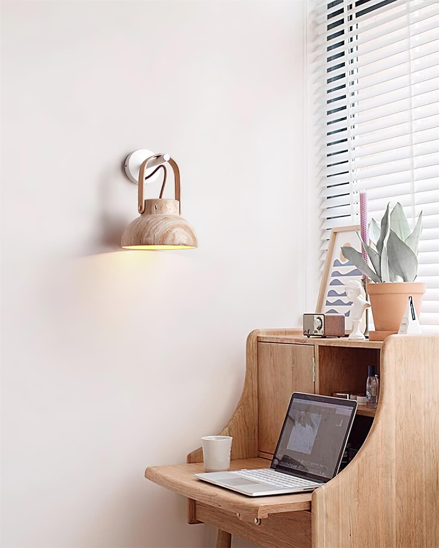 Wall Lamp Metal Body Wood Strap Travertine Shade Minimalist - Neutralighting