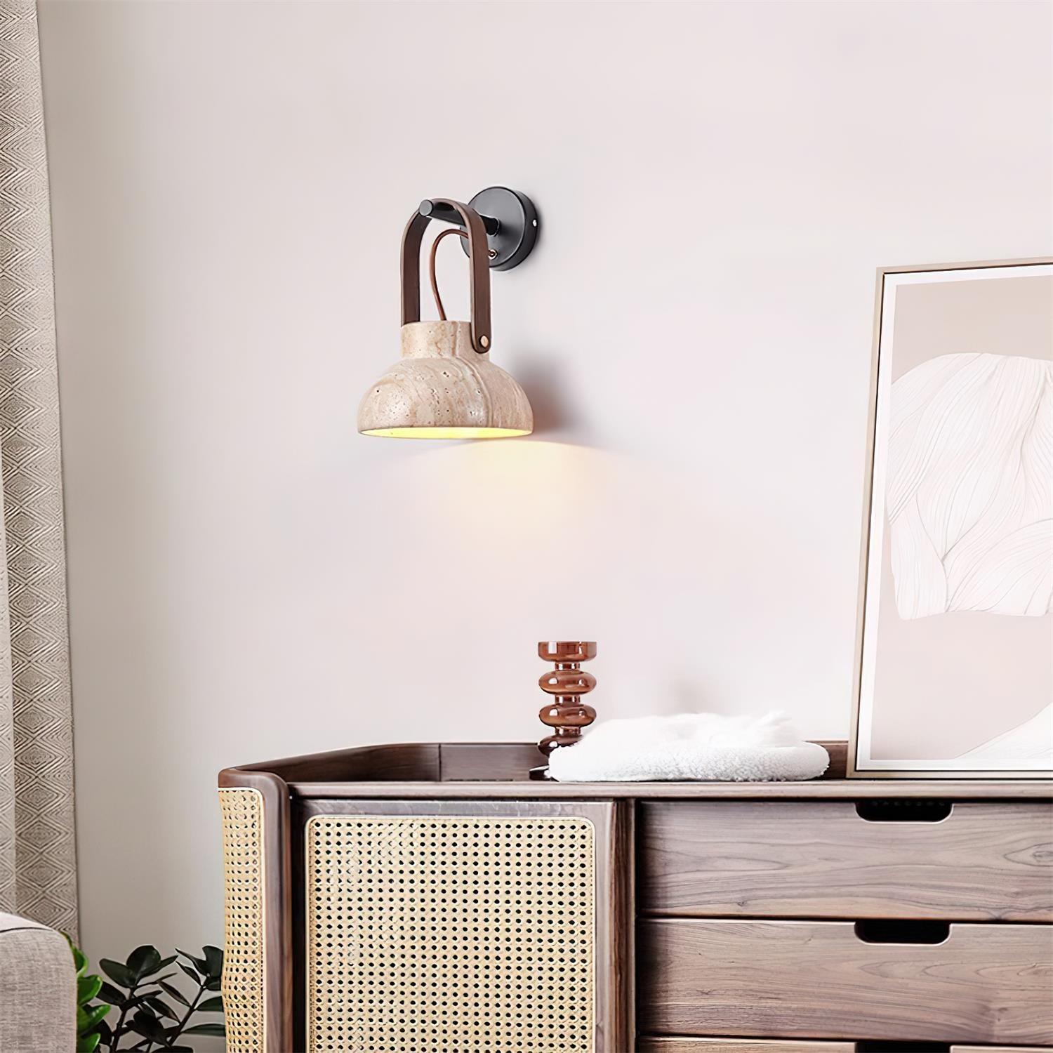 Wall Lamp Metal Body Wood Strap Travertine Shade Minimalist - Neutralighting