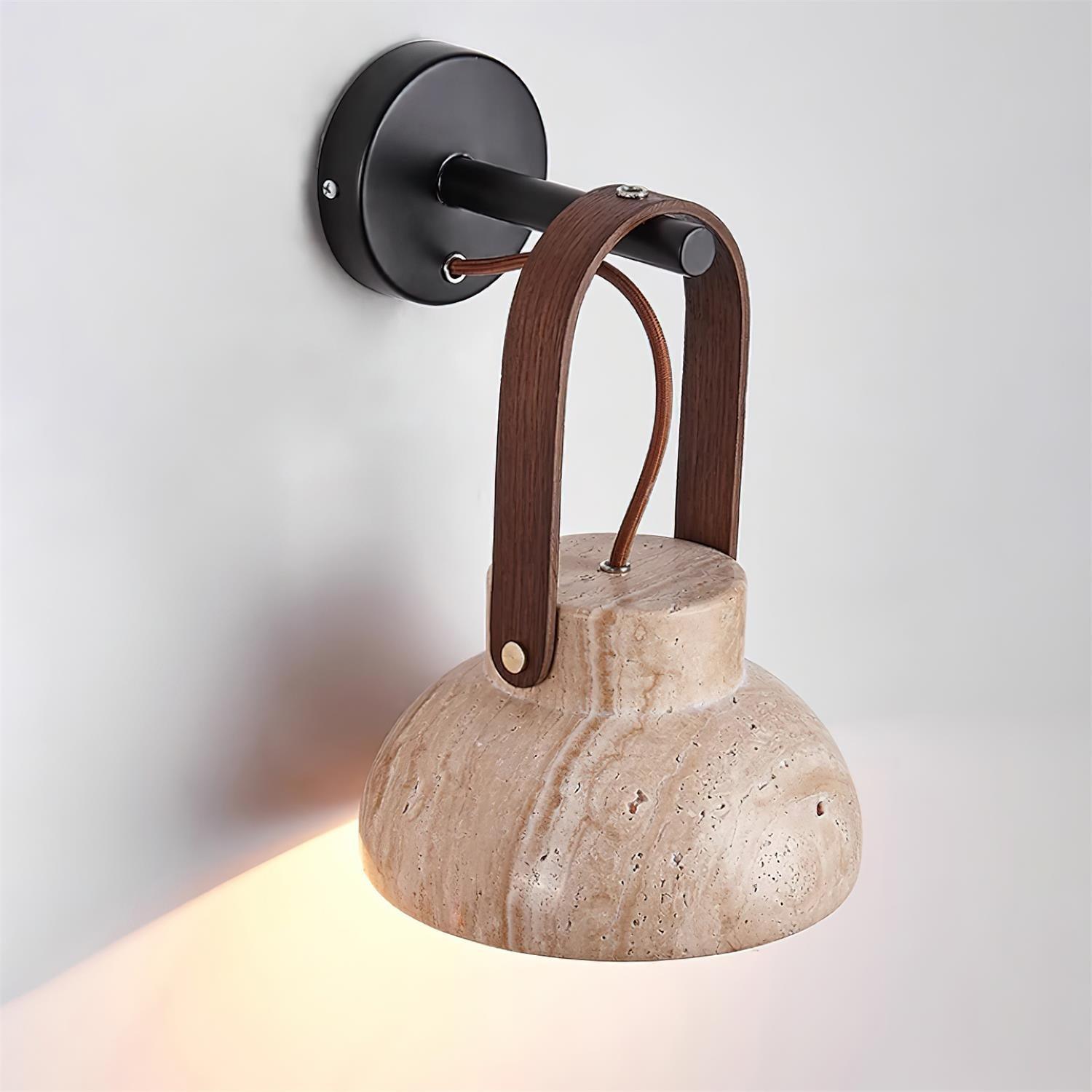 Wall Lamp Metal Body Wood Strap Travertine Shade Minimalist - Neutralighting