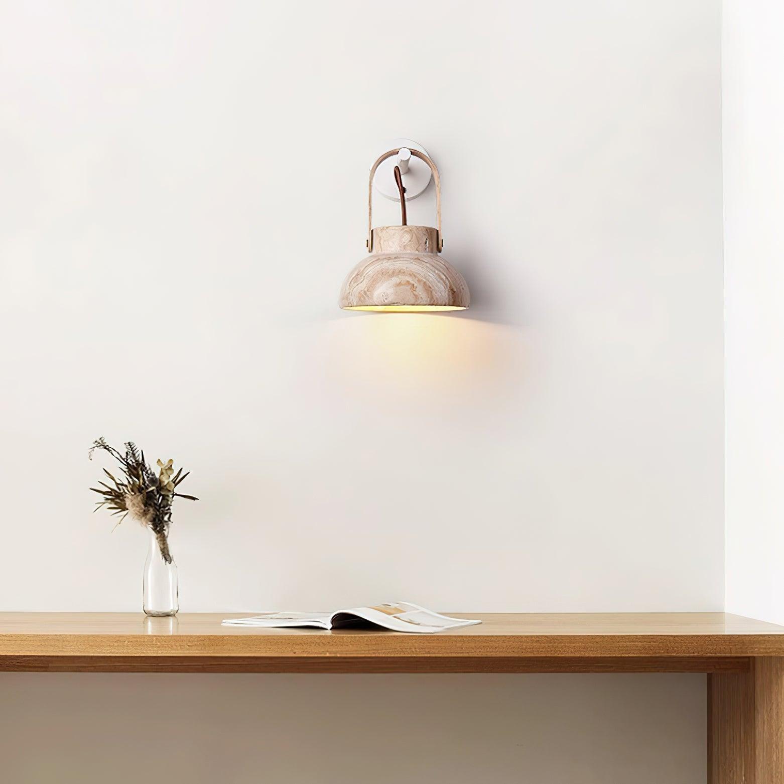 Wall Lamp Metal Body Wood Strap Travertine Shade Minimalist - Neutralighting