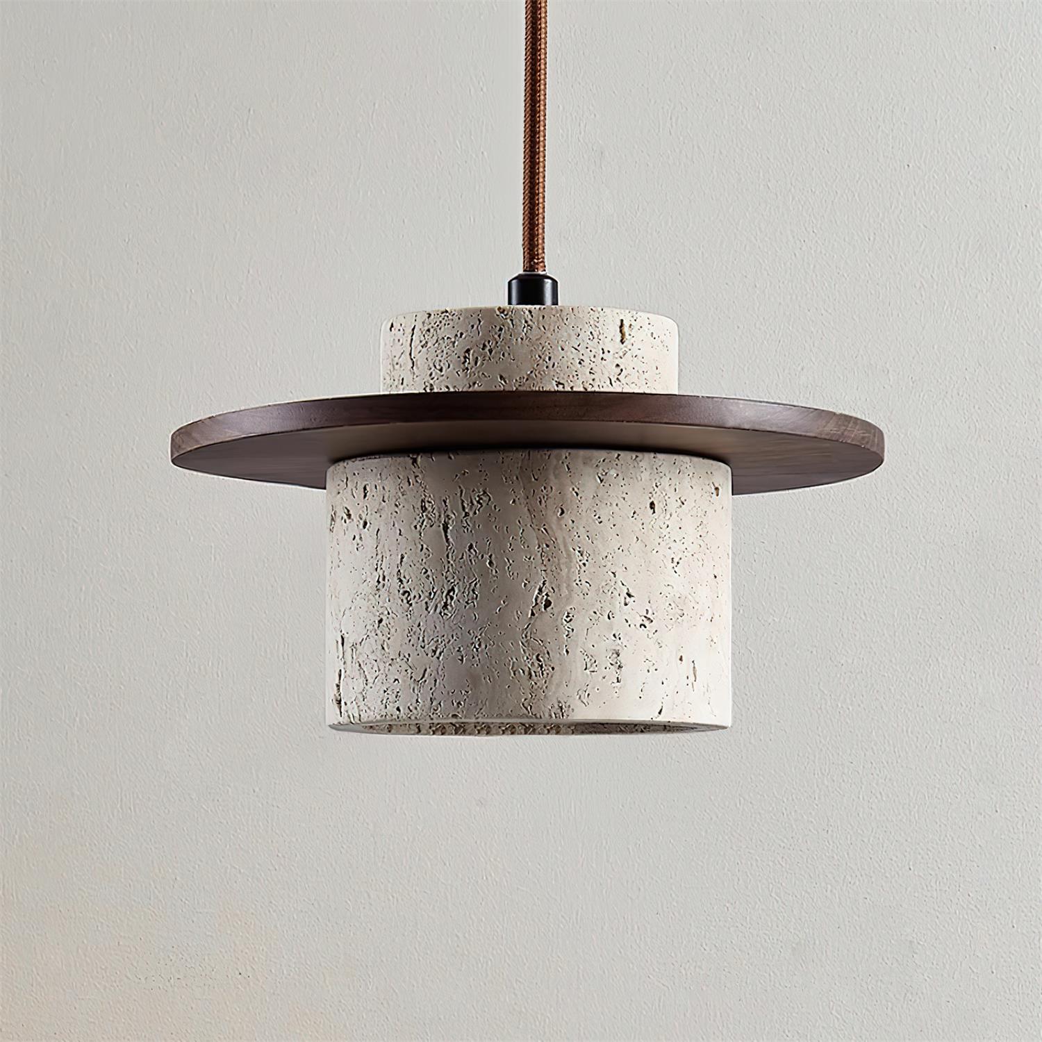 Pendant Lamp Travertine Cylinder Walnut Wood Disc Artisanal - Neutralighting